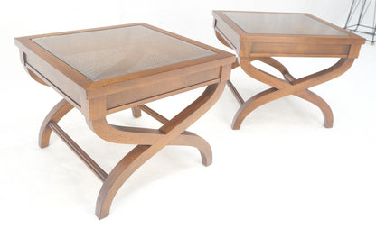 EstablishedLines Pair Decorative Glass & Cane Top X Shape Bases Legs Square Side End Tables MINT!