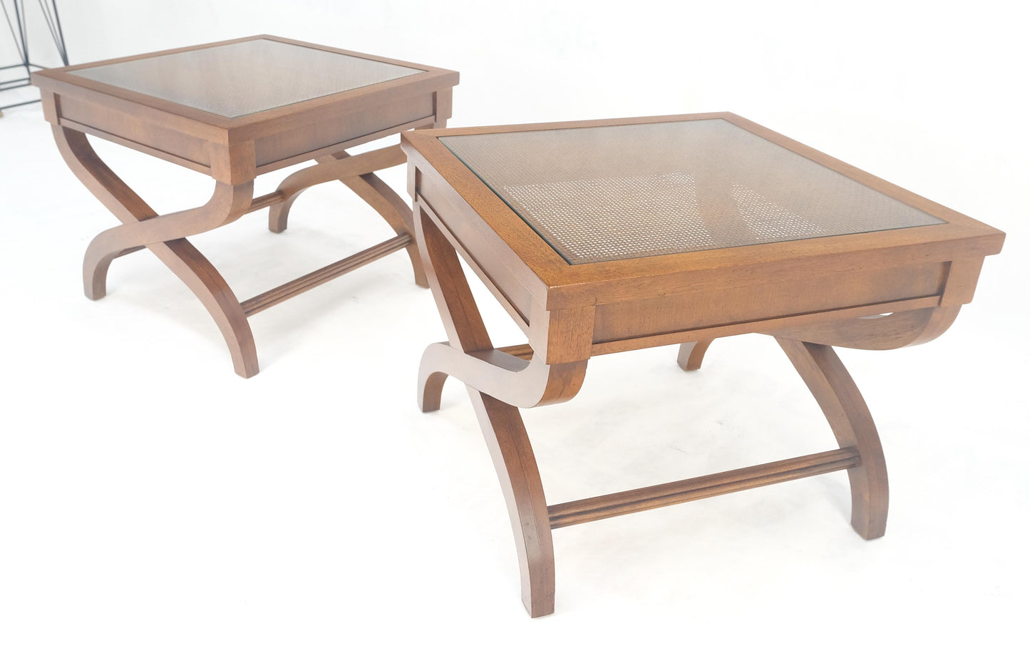 EstablishedLines Pair Decorative Glass & Cane Top X Shape Bases Legs Square Side End Tables MINT!