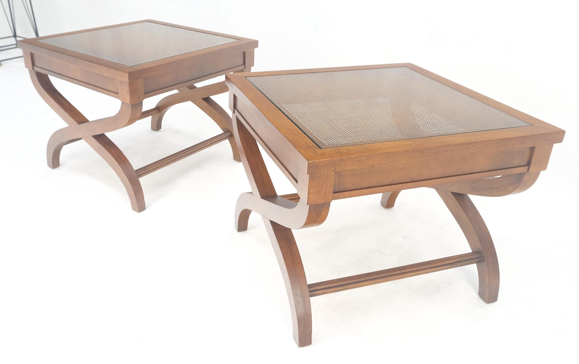 EstablishedLines Pair Decorative Glass & Cane Top X Shape Bases Legs Square Side End Tables MINT!