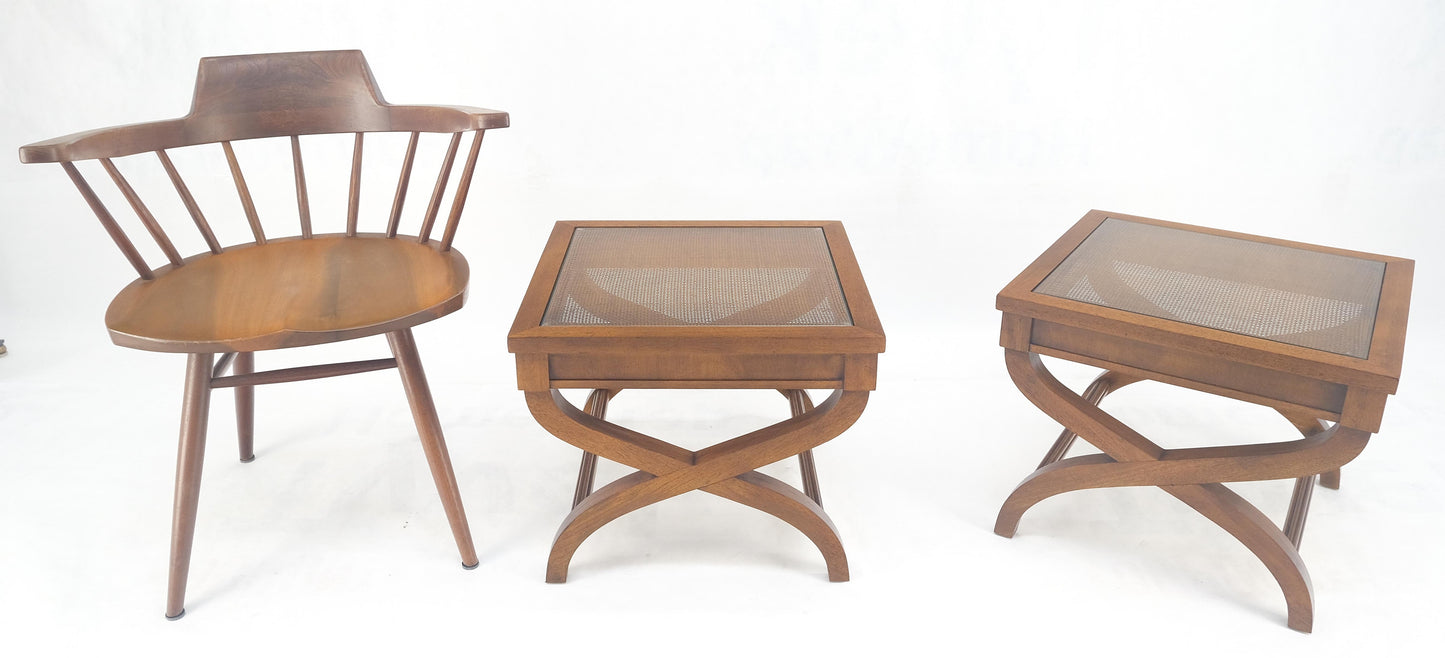 EstablishedLines Pair Decorative Glass & Cane Top X Shape Bases Legs Square Side End Tables MINT!