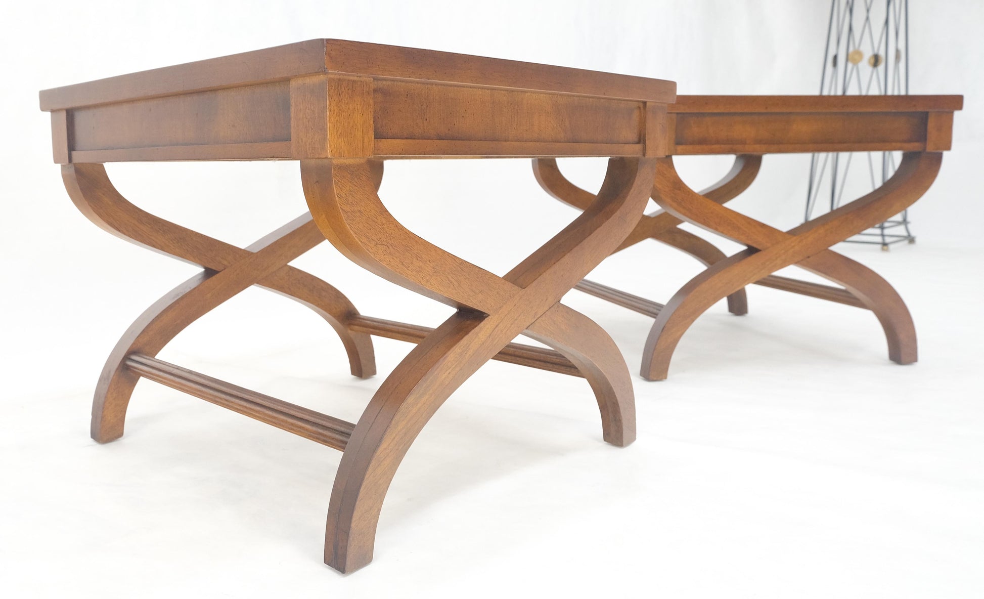 EstablishedLines Pair Decorative Glass & Cane Top X Shape Bases Legs Square Side End Tables MINT!