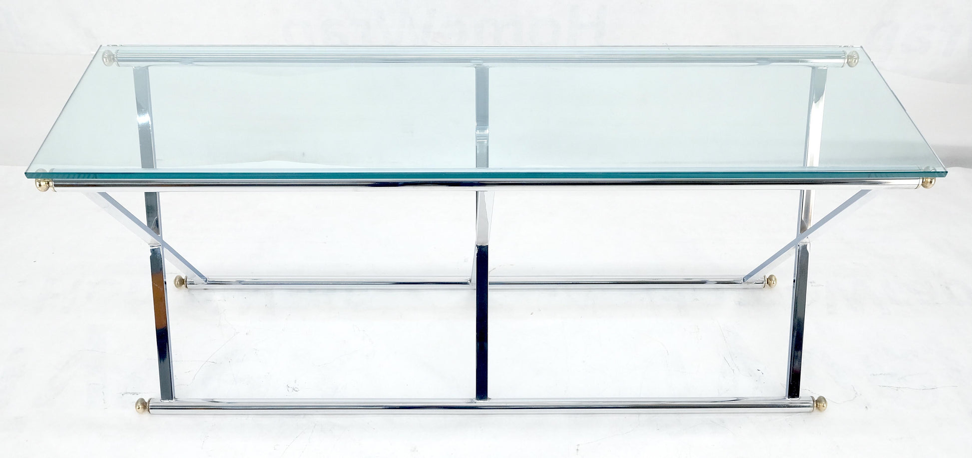 EstablishedLines Chrome X Base Glass Top 67" Long Console Sofa Table Mid Century Modern c1970s
