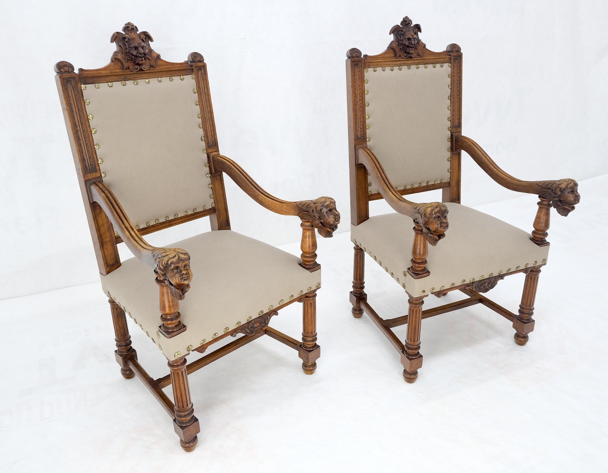 EstablishedLines Pair Antique Heavily Carved Walnut Cherub North Wind Faces Arm Chairs New Uphols