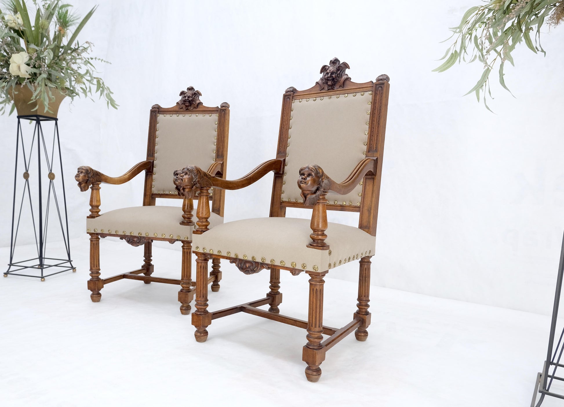EstablishedLines Pair Antique Heavily Carved Walnut Cherub North Wind Faces Arm Chairs New Uphols