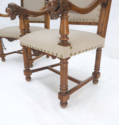 EstablishedLines Pair Antique Heavily Carved Walnut Cherub North Wind Faces Arm Chairs New Uphols
