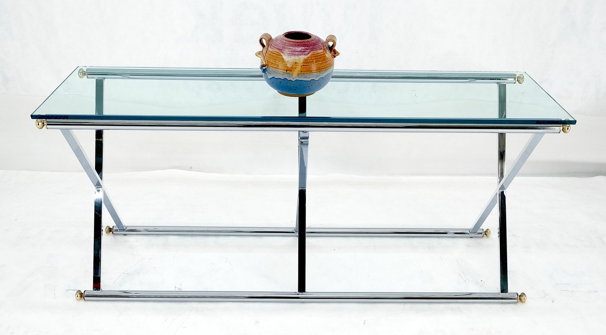 EstablishedLines Chrome X Base Glass Top 67" Long Console Sofa Table Mid Century Modern c1970s