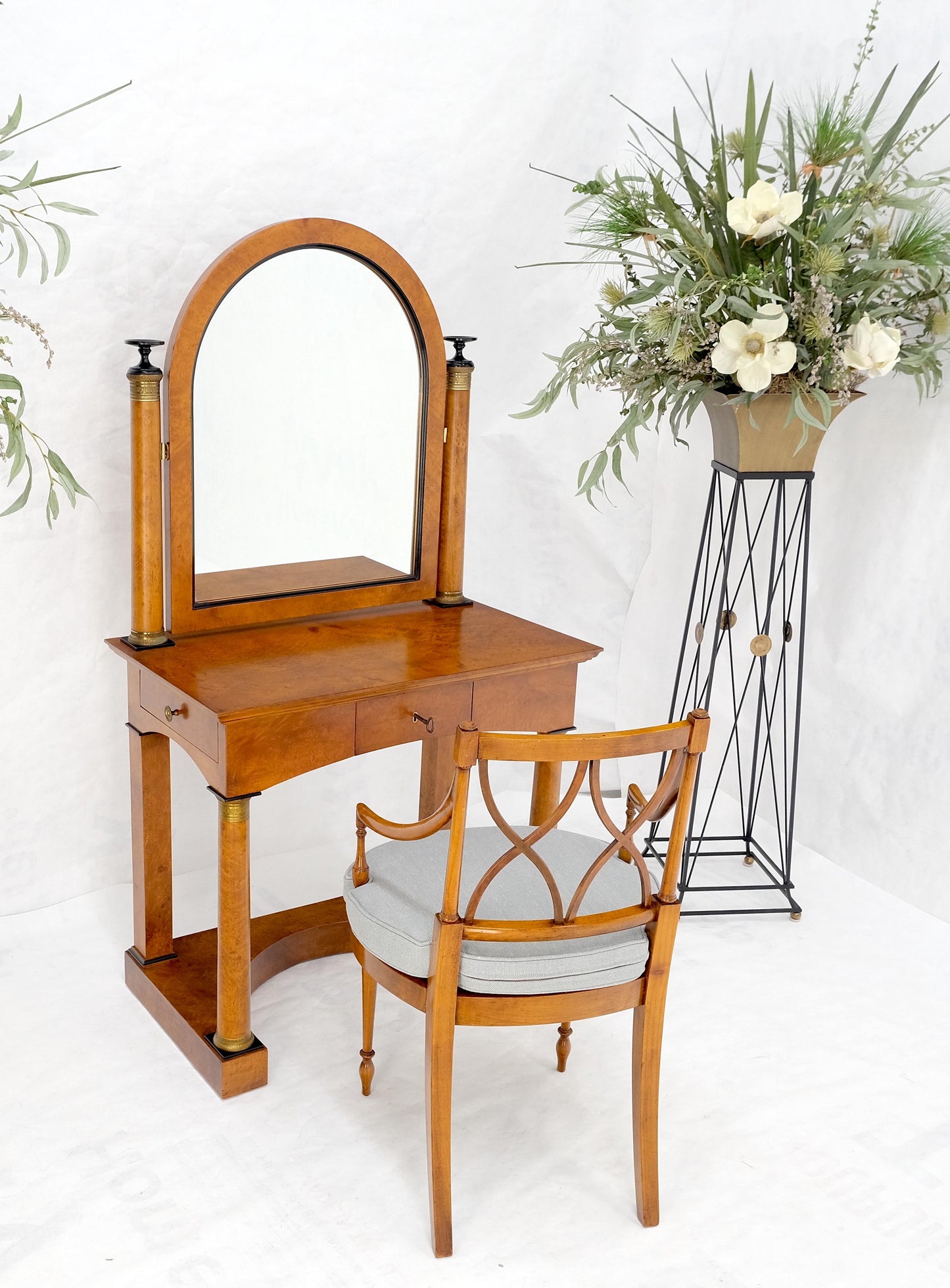 Burl Wood Biedermeier Dressing Table Mirror Matching Chair Cane Seat Mint!