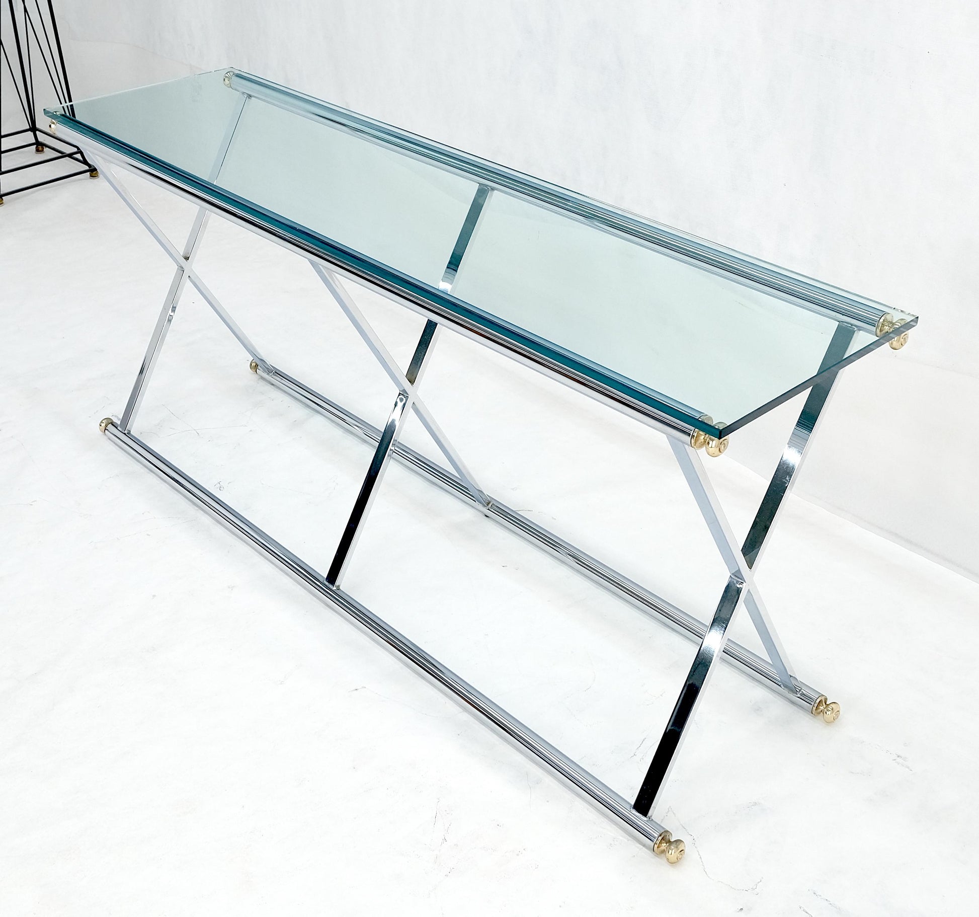 EstablishedLines Chrome X Base Glass Top 67" Long Console Sofa Table Mid Century Modern c1970s
