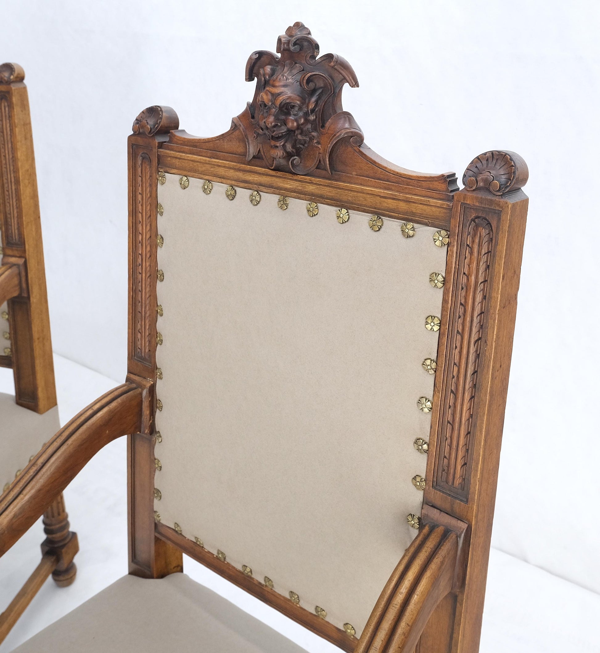 EstablishedLines Pair Antique Heavily Carved Walnut Cherub North Wind Faces Arm Chairs New Uphols