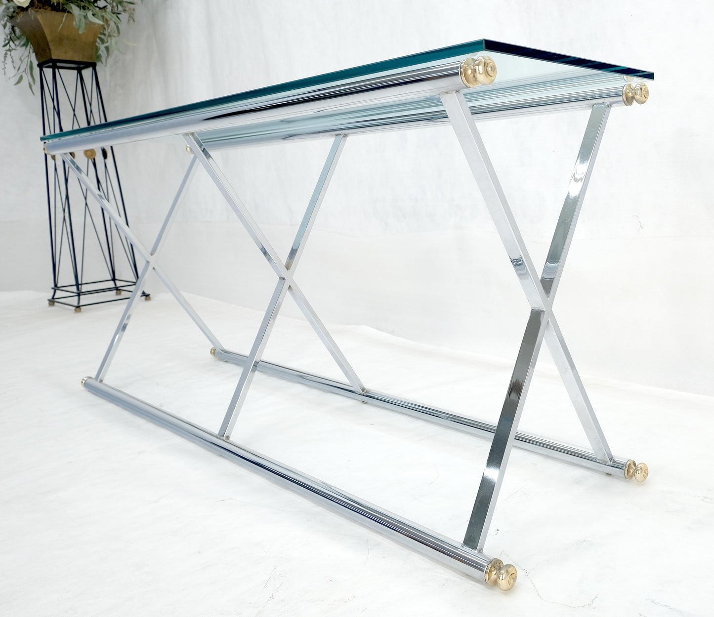 EstablishedLines Chrome X Base Glass Top 67" Long Console Sofa Table Mid Century Modern c1970s