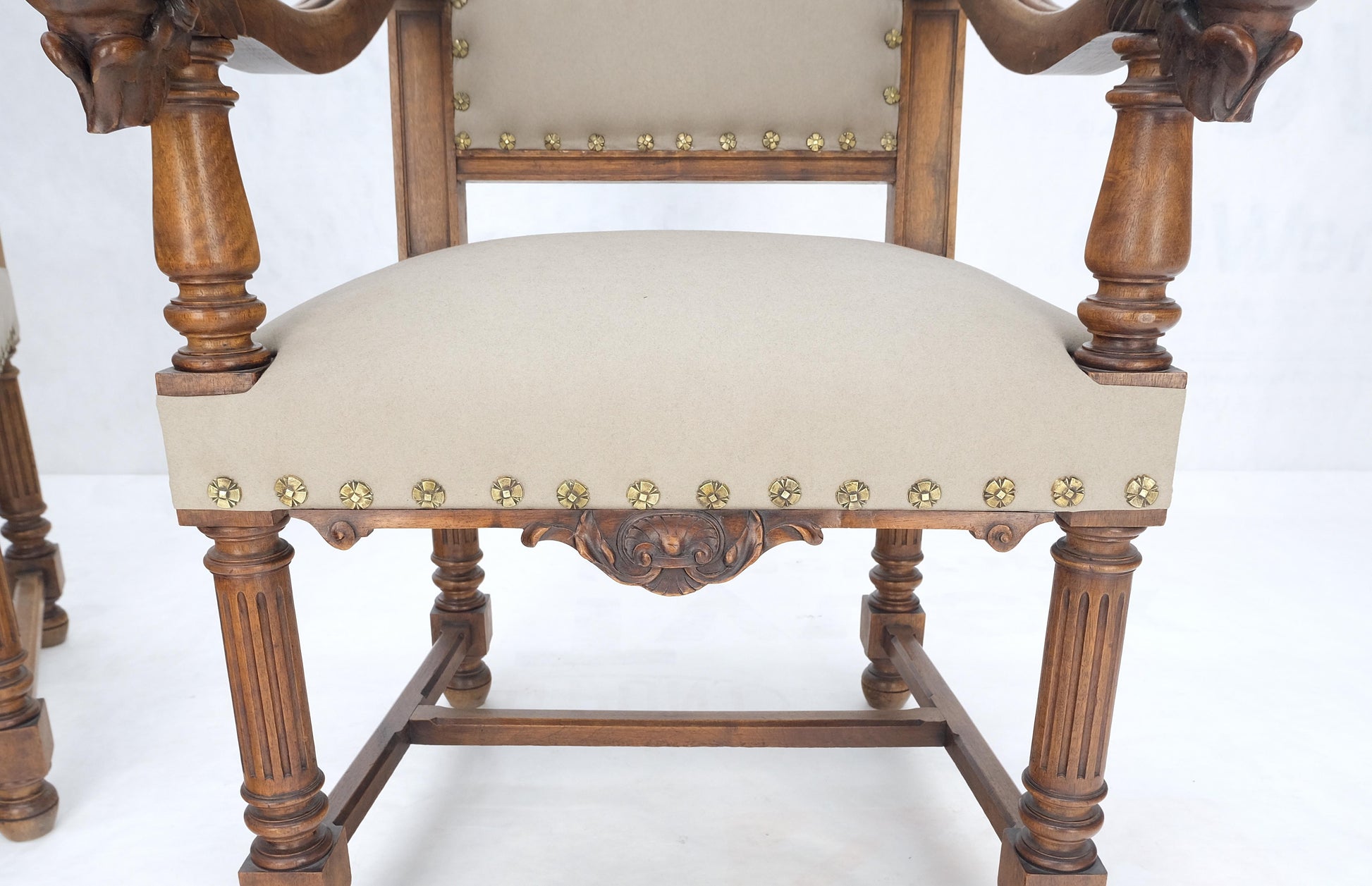 EstablishedLines Pair Antique Heavily Carved Walnut Cherub North Wind Faces Arm Chairs New Uphols