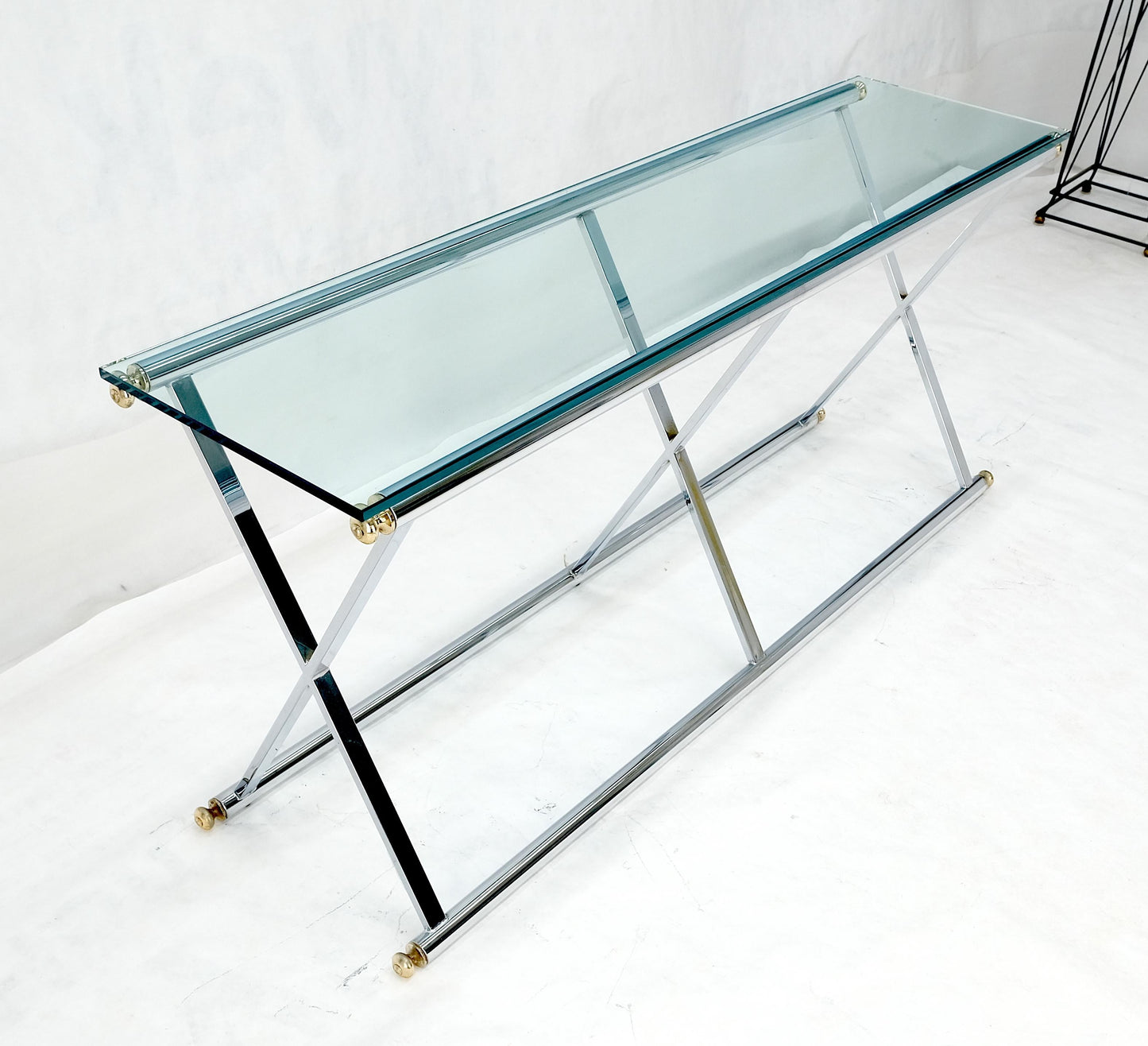 EstablishedLines Chrome X Base Glass Top 67" Long Console Sofa Table Mid Century Modern c1970s