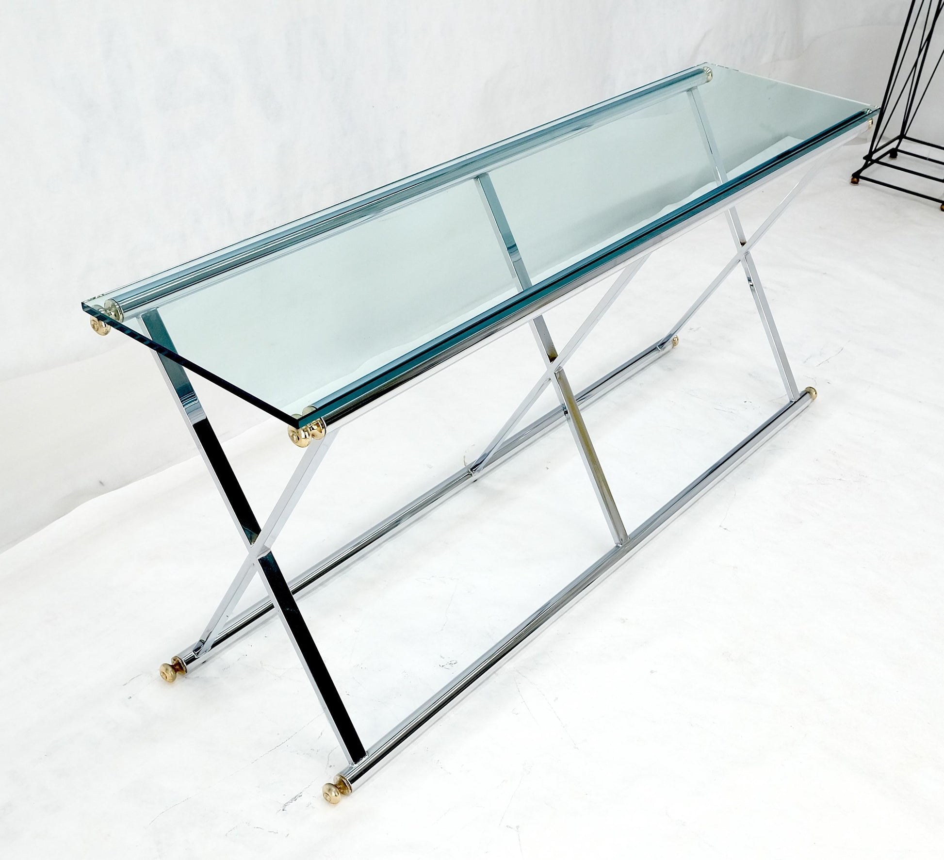 EstablishedLines Chrome X Base Glass Top 67" Long Console Sofa Table Mid Century Modern c1970s