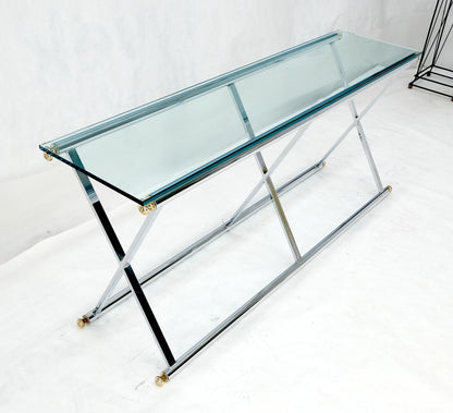 EstablishedLines Chrome X Base Glass Top 67" Long Console Sofa Table Mid Century Modern c1970s