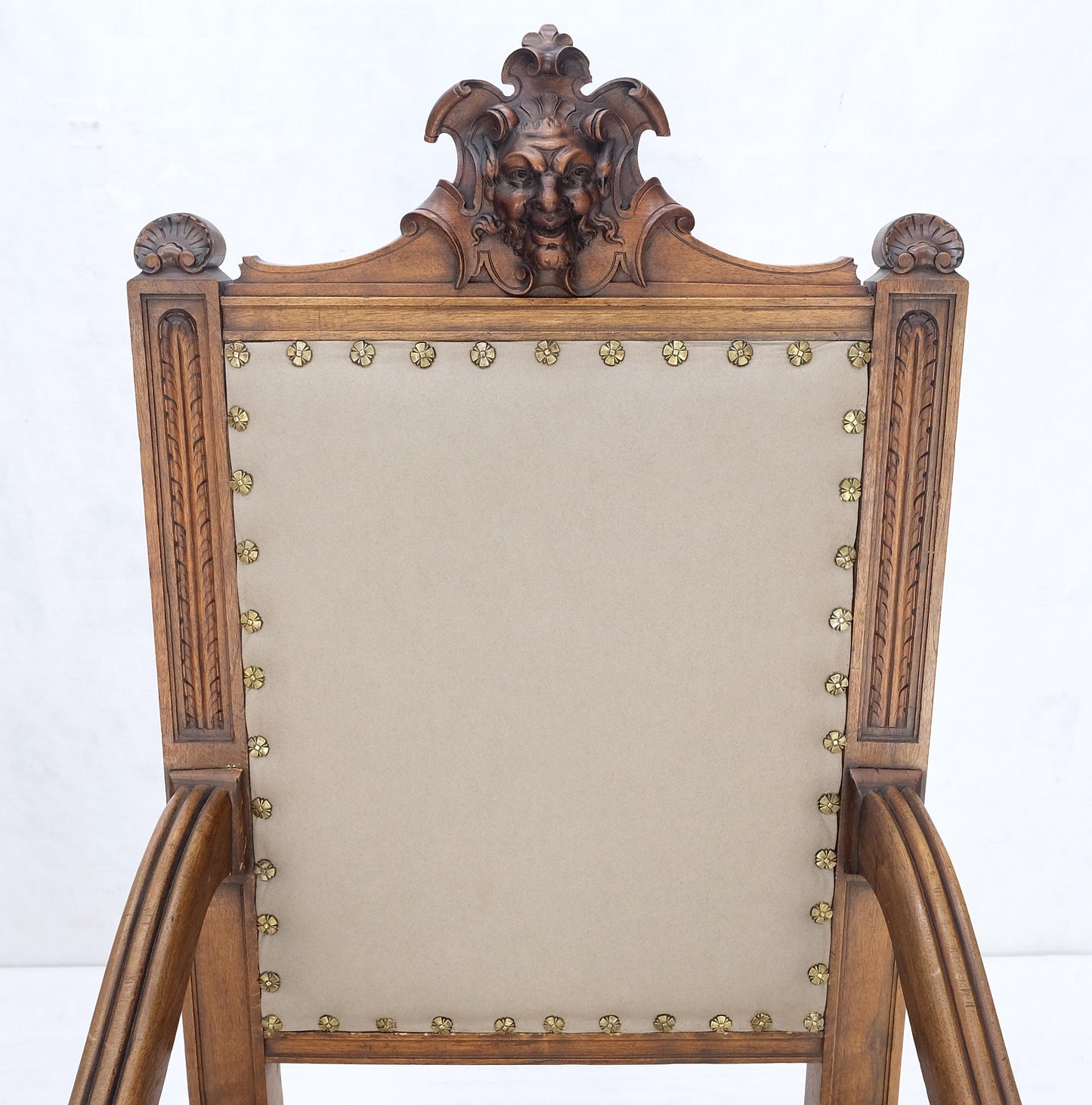 EstablishedLines Pair Antique Heavily Carved Walnut Cherub North Wind Faces Arm Chairs New Uphols