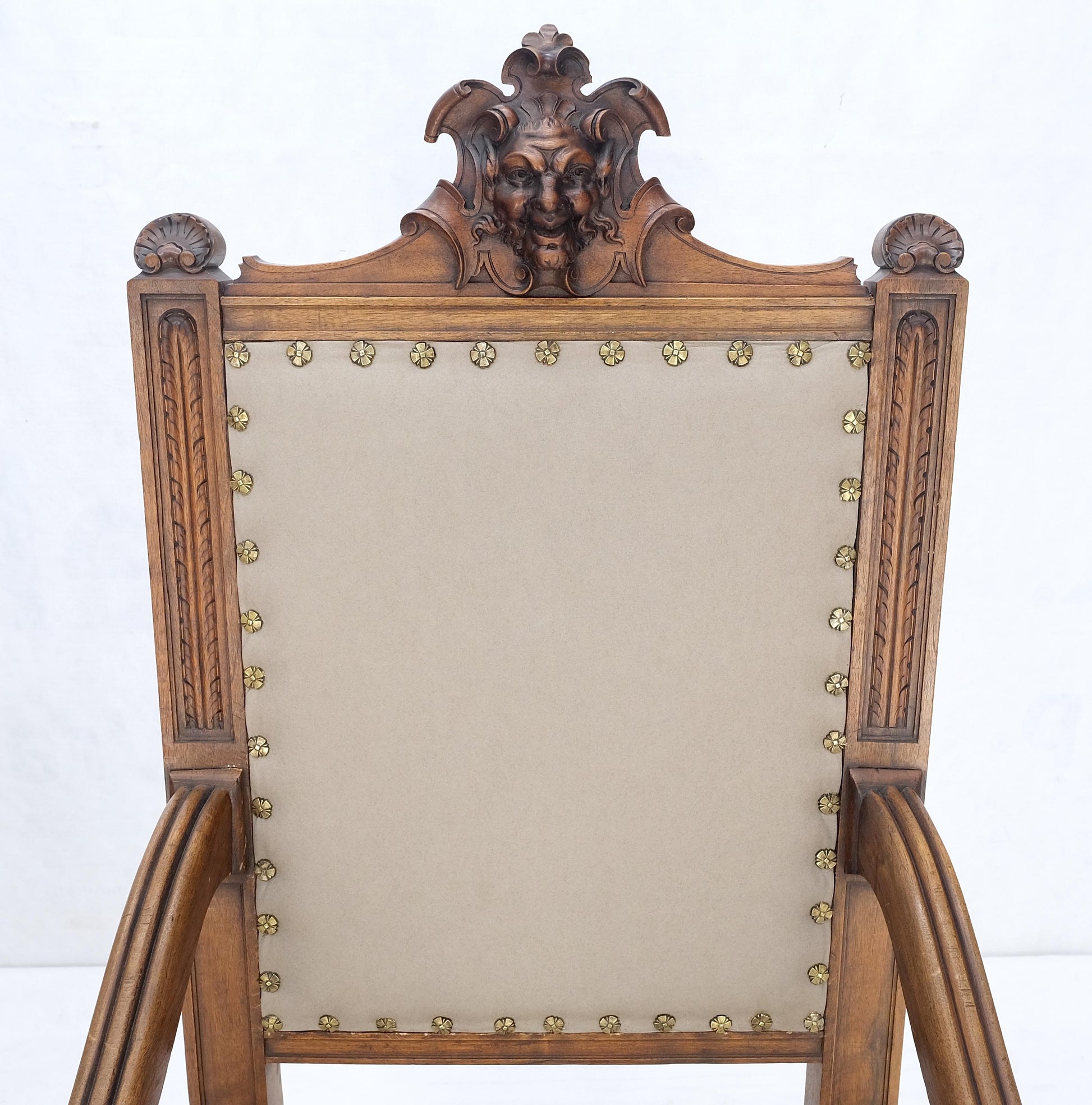 EstablishedLines Pair Antique Heavily Carved Walnut Cherub North Wind Faces Arm Chairs New Uphols
