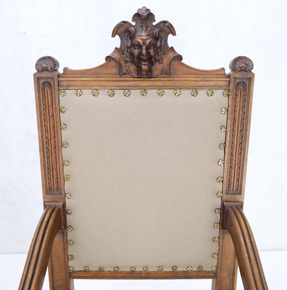 EstablishedLines Pair Antique Heavily Carved Walnut Cherub North Wind Faces Arm Chairs New Uphols