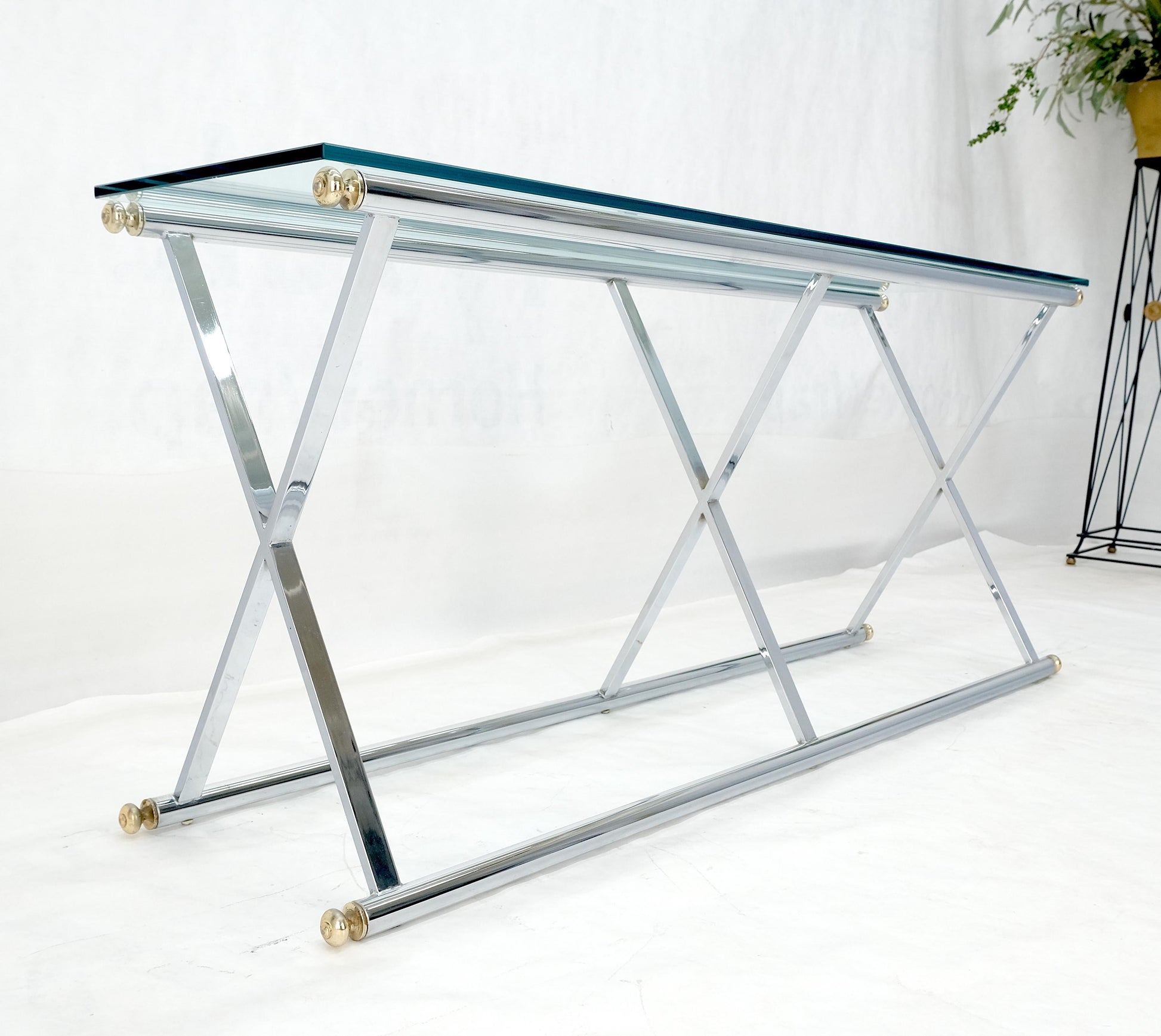 EstablishedLines Chrome X Base Glass Top 67" Long Console Sofa Table Mid Century Modern c1970s