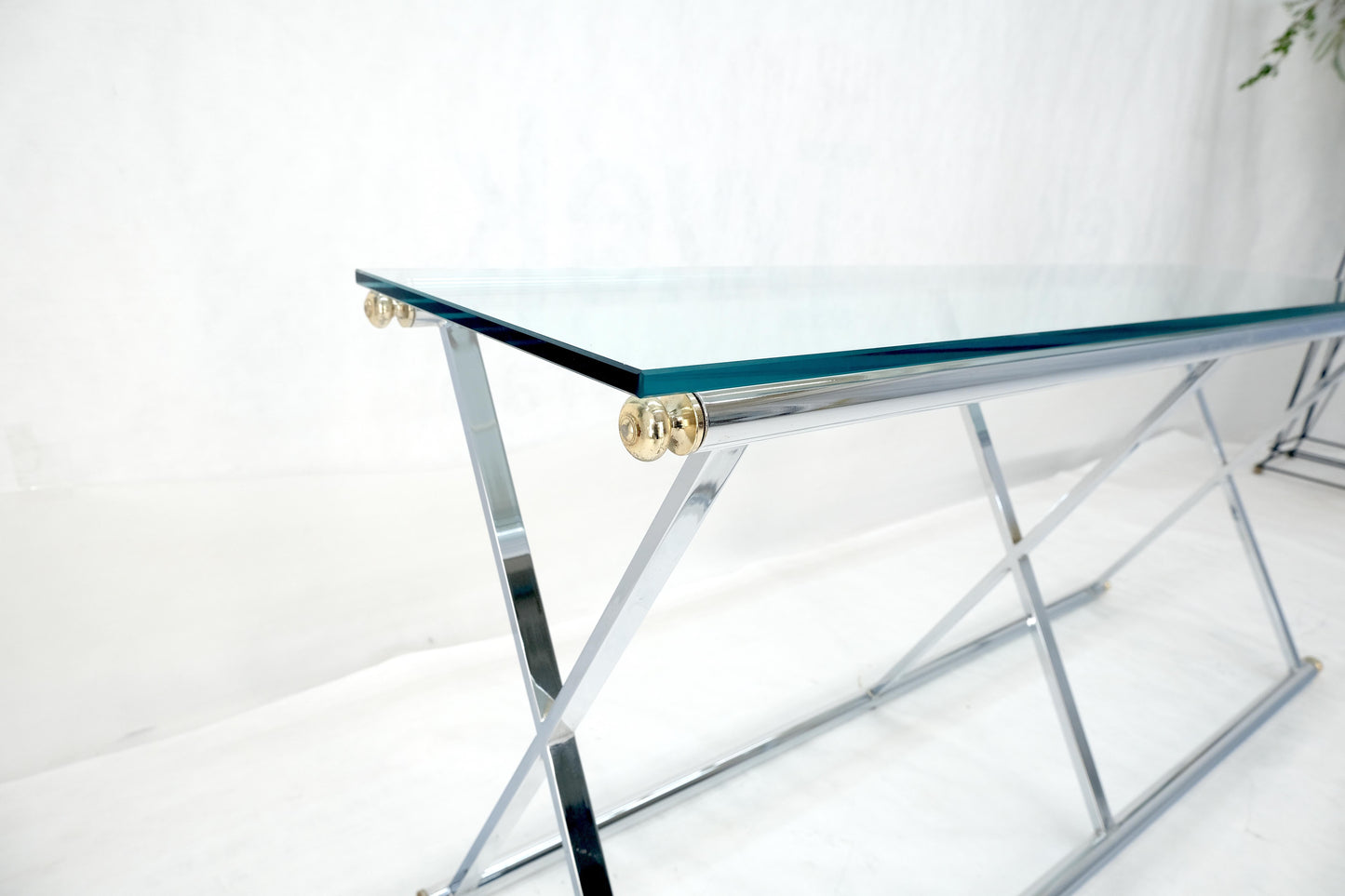 EstablishedLines Chrome X Base Glass Top 67" Long Console Sofa Table Mid Century Modern c1970s