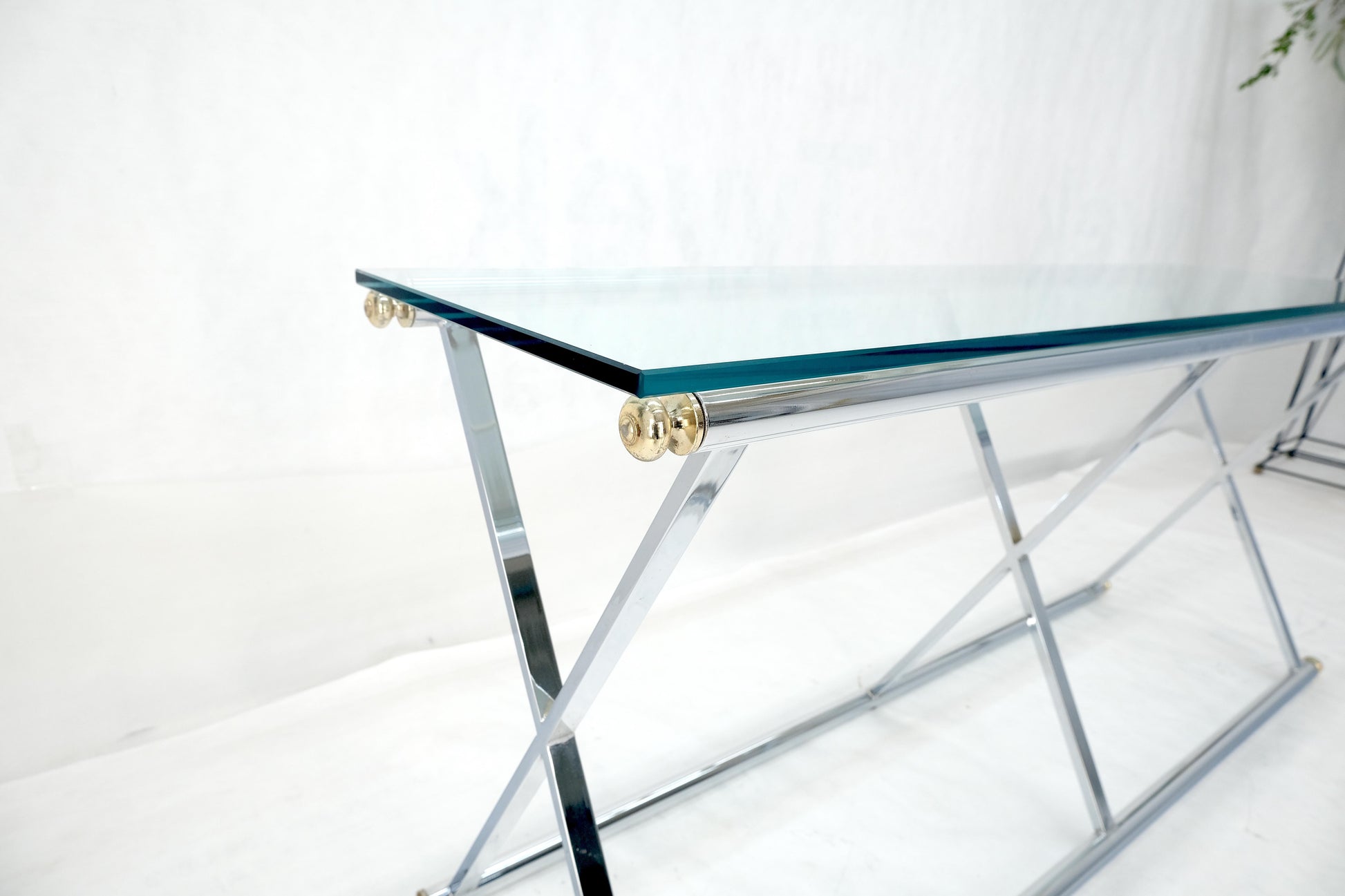 EstablishedLines Chrome X Base Glass Top 67" Long Console Sofa Table Mid Century Modern c1970s