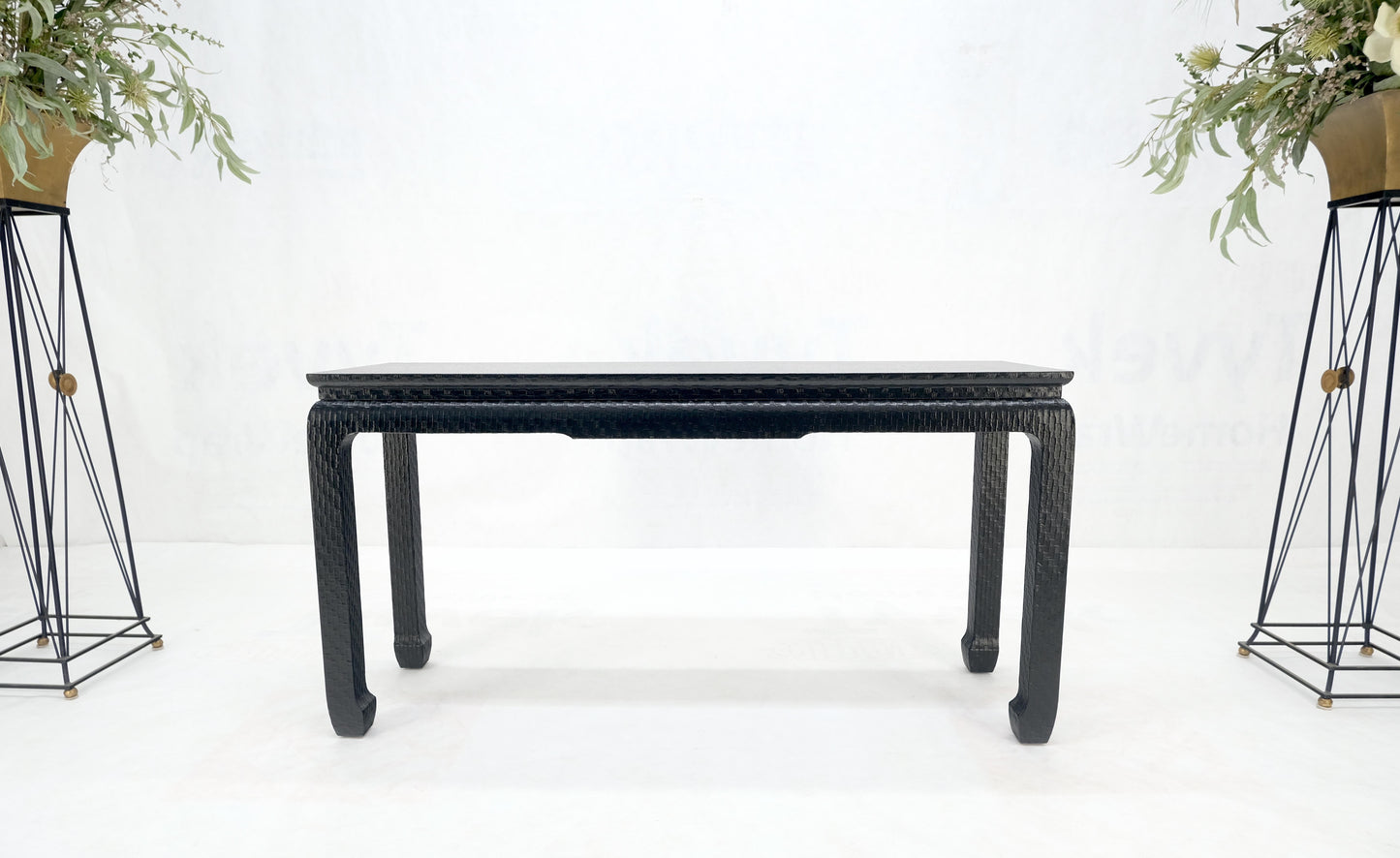 Baker Mid Century Oriental Asian Black Lacquer Cloth Wrapped Console Table MINT!