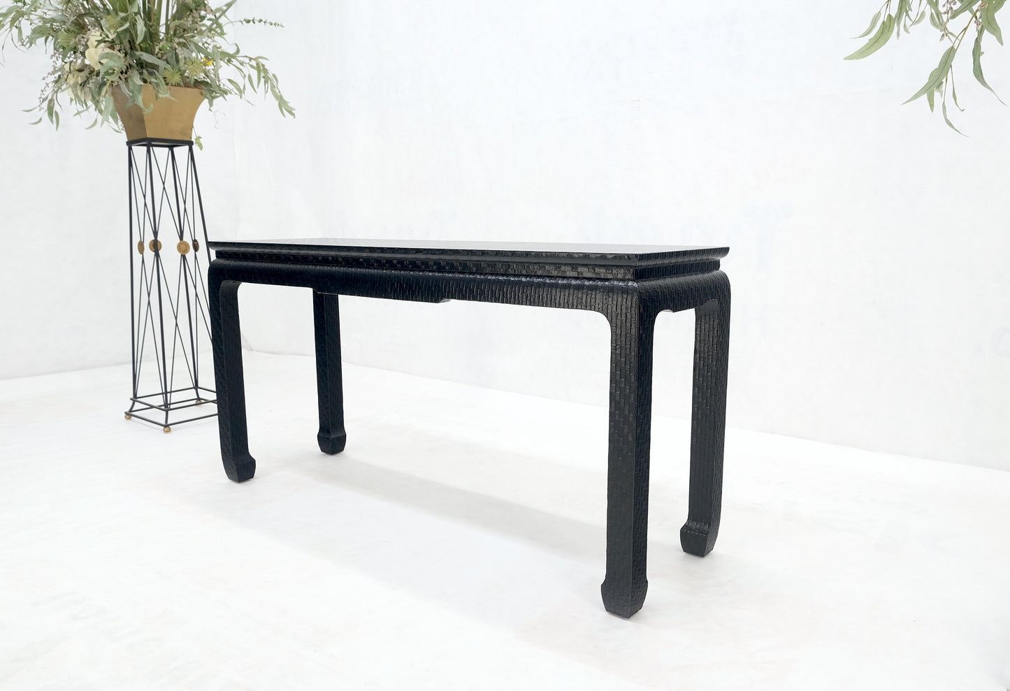 EstablishedLines Baker Mid Century Oriental Asian Black Lacquer Cloth Wrapped Console Table MINT!