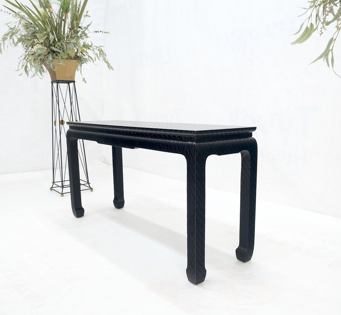 Baker Mid Century Oriental Asian Black Lacquer Cloth Wrapped Console Table MINT!