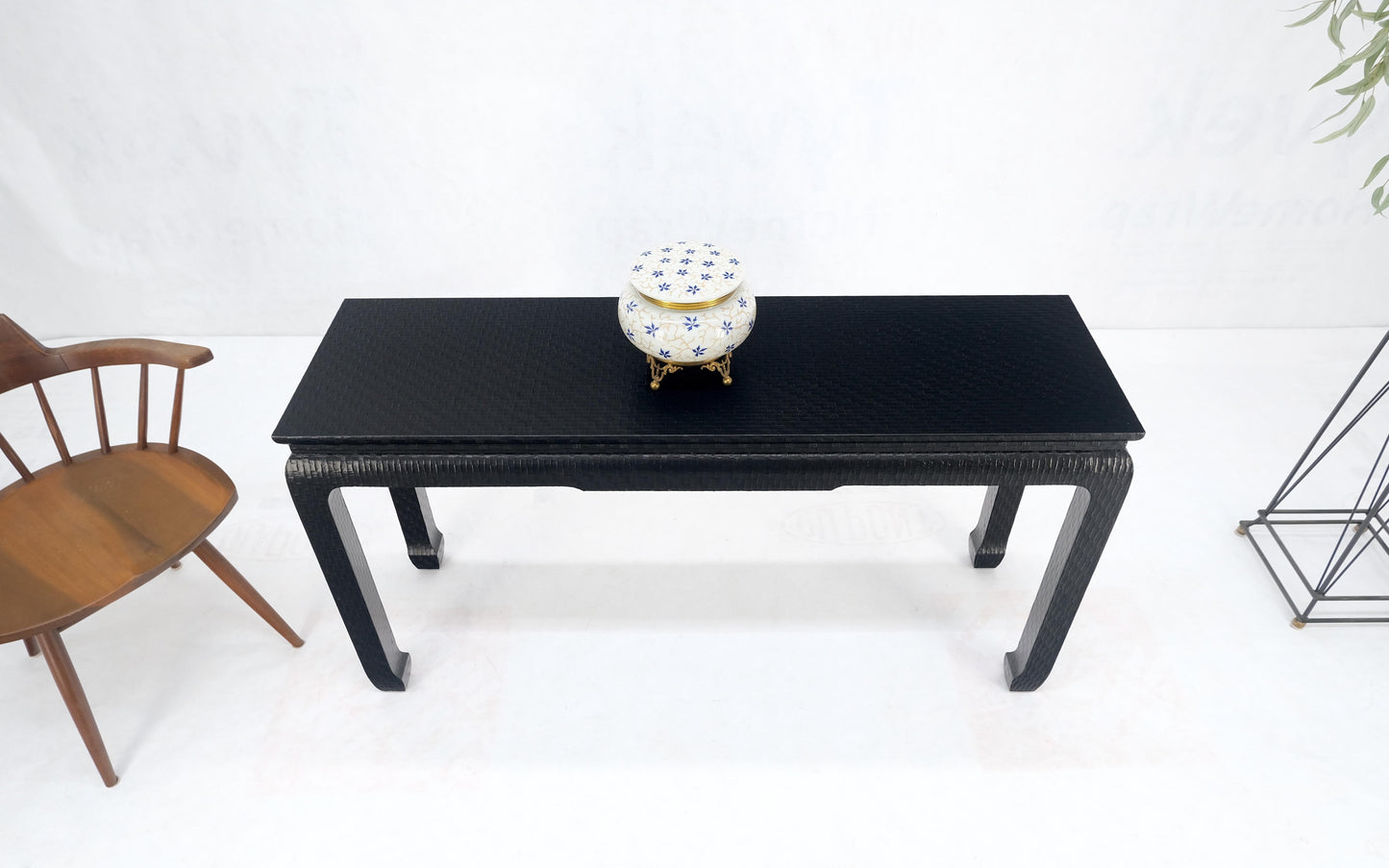 Baker Mid Century Oriental Asian Black Lacquer Cloth Wrapped Console Table MINT!