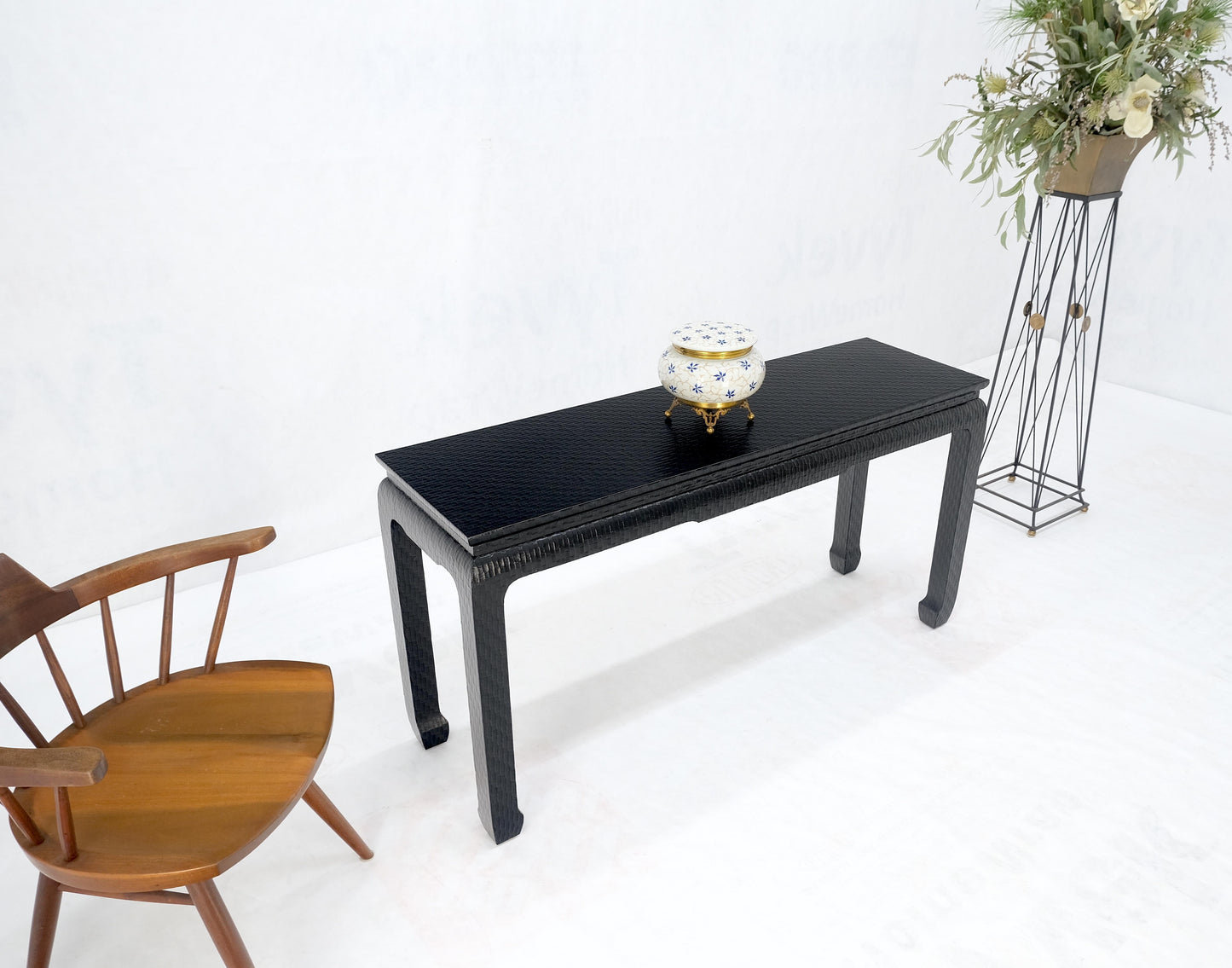 Baker Mid Century Oriental Asian Black Lacquer Cloth Wrapped Console Table MINT!