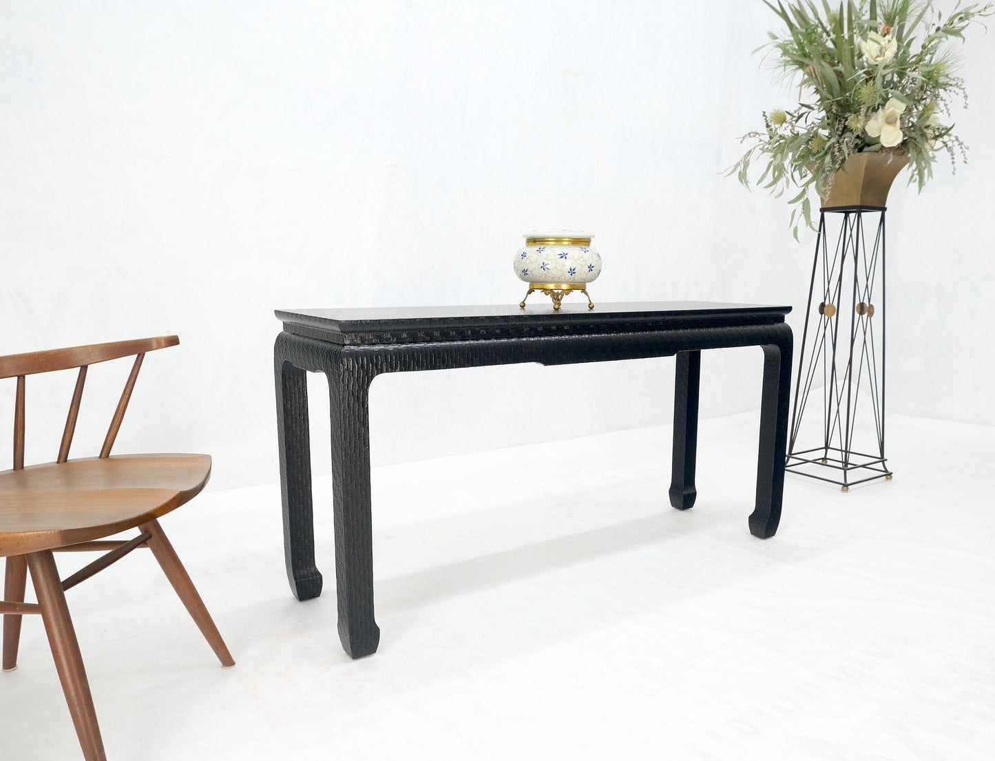 Baker Mid Century Oriental Asian Black Lacquer Cloth Wrapped Console Table MINT!