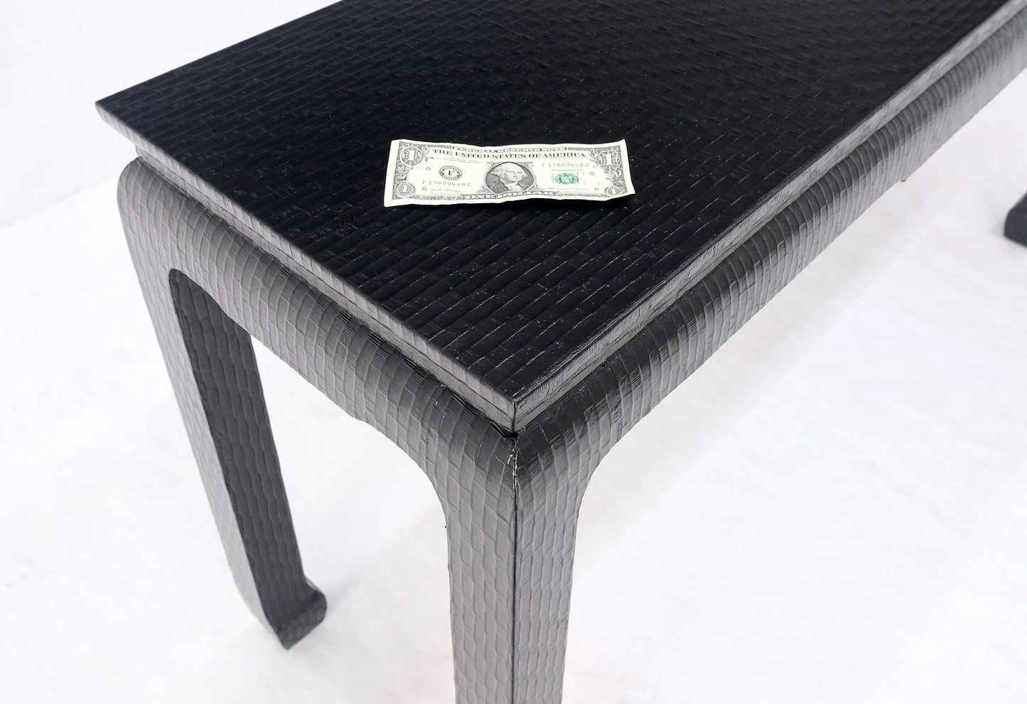 Baker Mid Century Oriental Asian Black Lacquer Cloth Wrapped Console Table MINT!