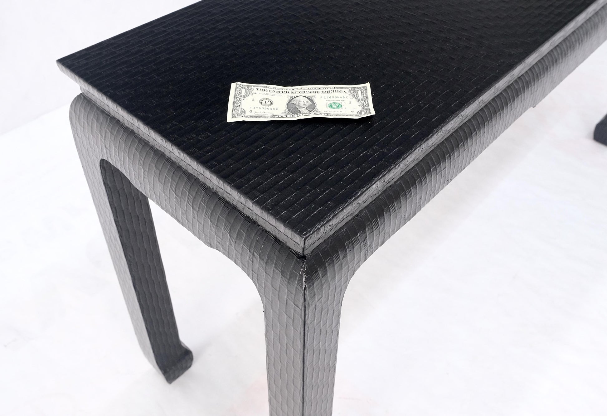 EstablishedLines Baker Mid Century Oriental Asian Black Lacquer Cloth Wrapped Console Table MINT!