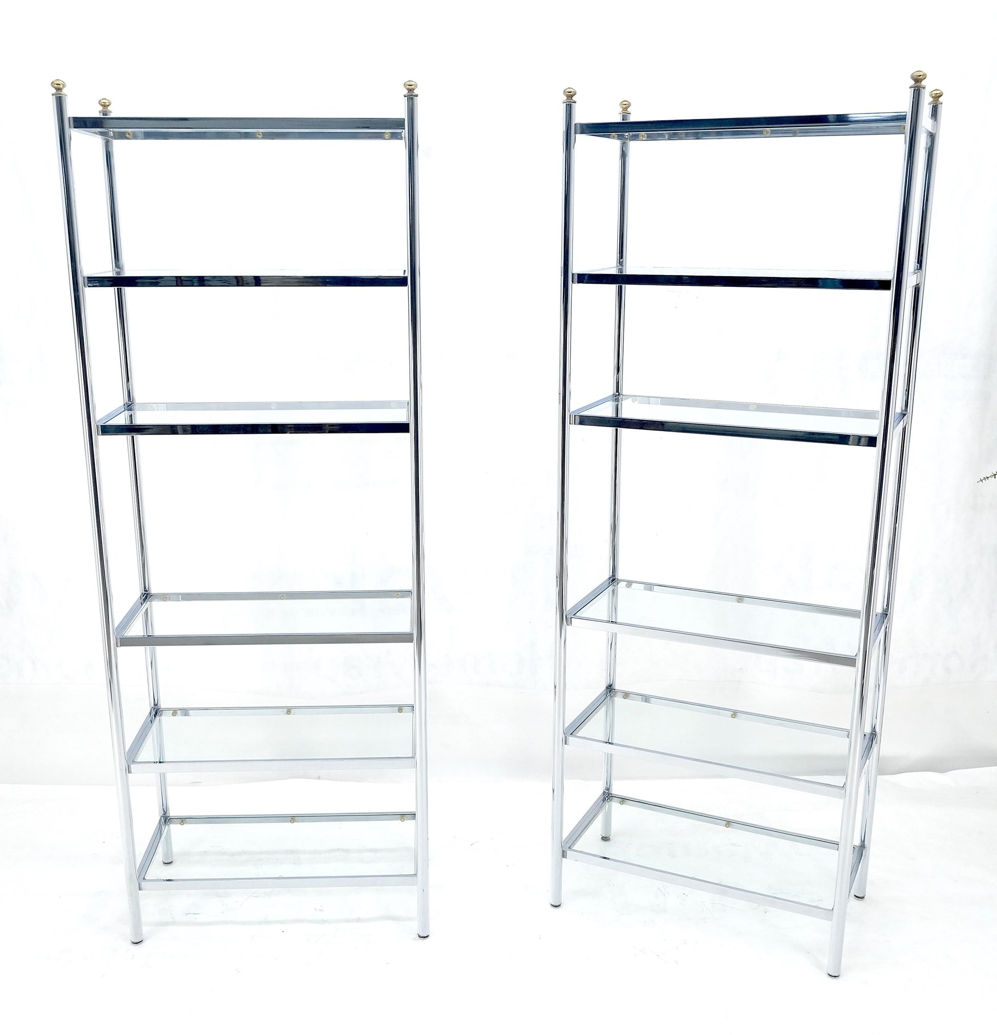 EstablishedLines Pair of Italian  81" Tall 6 Glass Shelfs Chrome Etageres w/ Brass Finials MINT