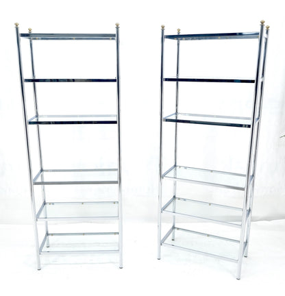 EstablishedLines Pair of Italian  81" Tall 6 Glass Shelfs Chrome Etageres w/ Brass Finials MINT