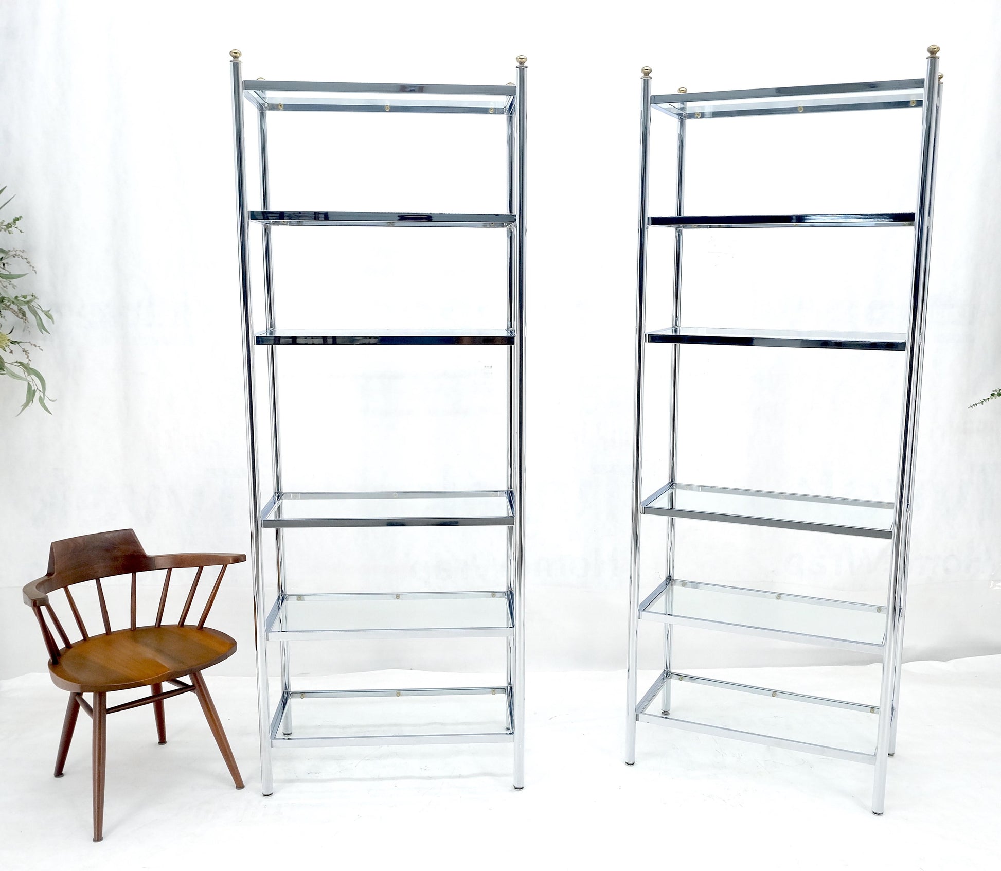 EstablishedLines Pair of Italian  81" Tall 6 Glass Shelfs Chrome Etageres w/ Brass Finials MINT