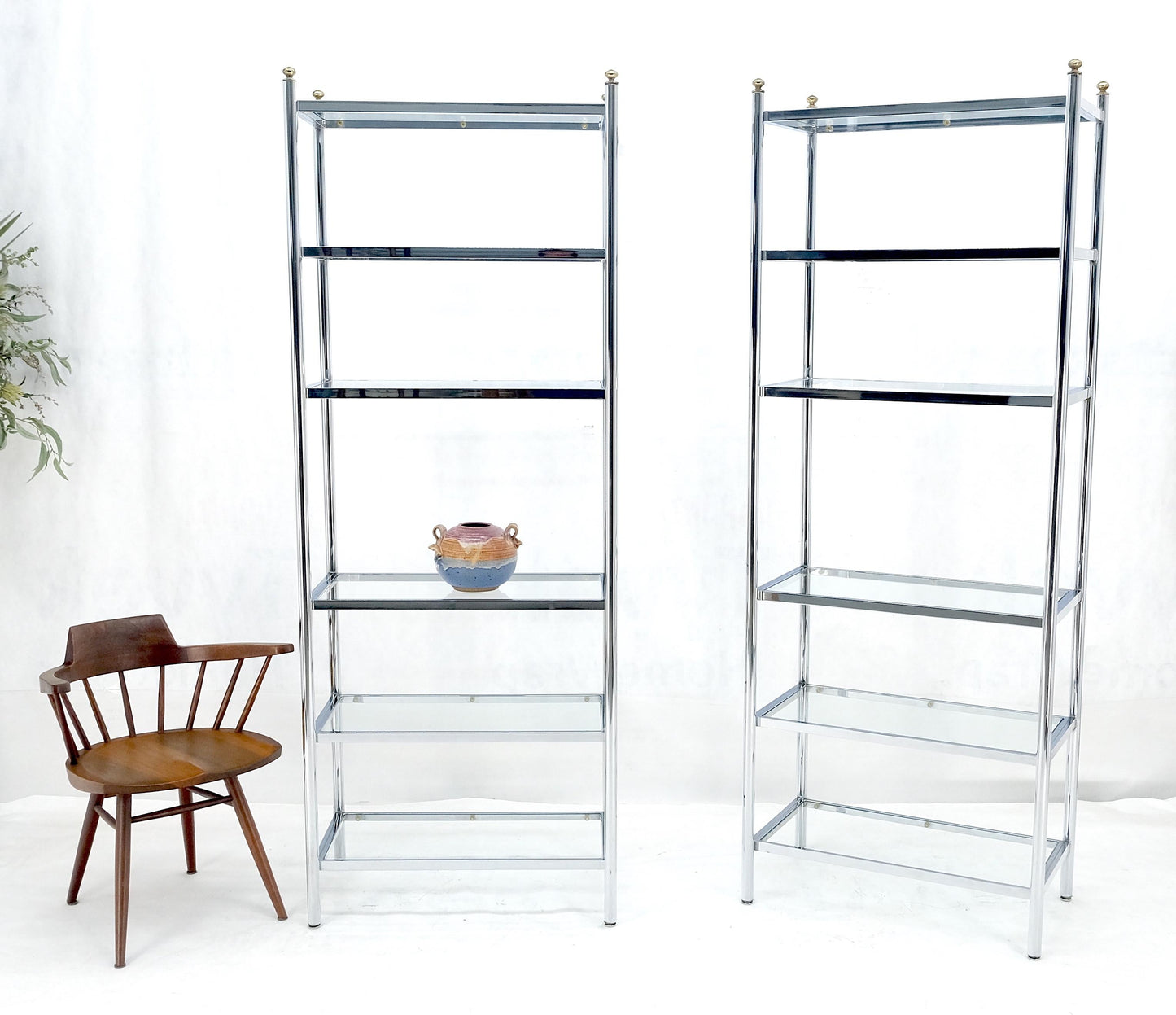 EstablishedLines Pair of Italian  81" Tall 6 Glass Shelfs Chrome Etageres w/ Brass Finials MINT