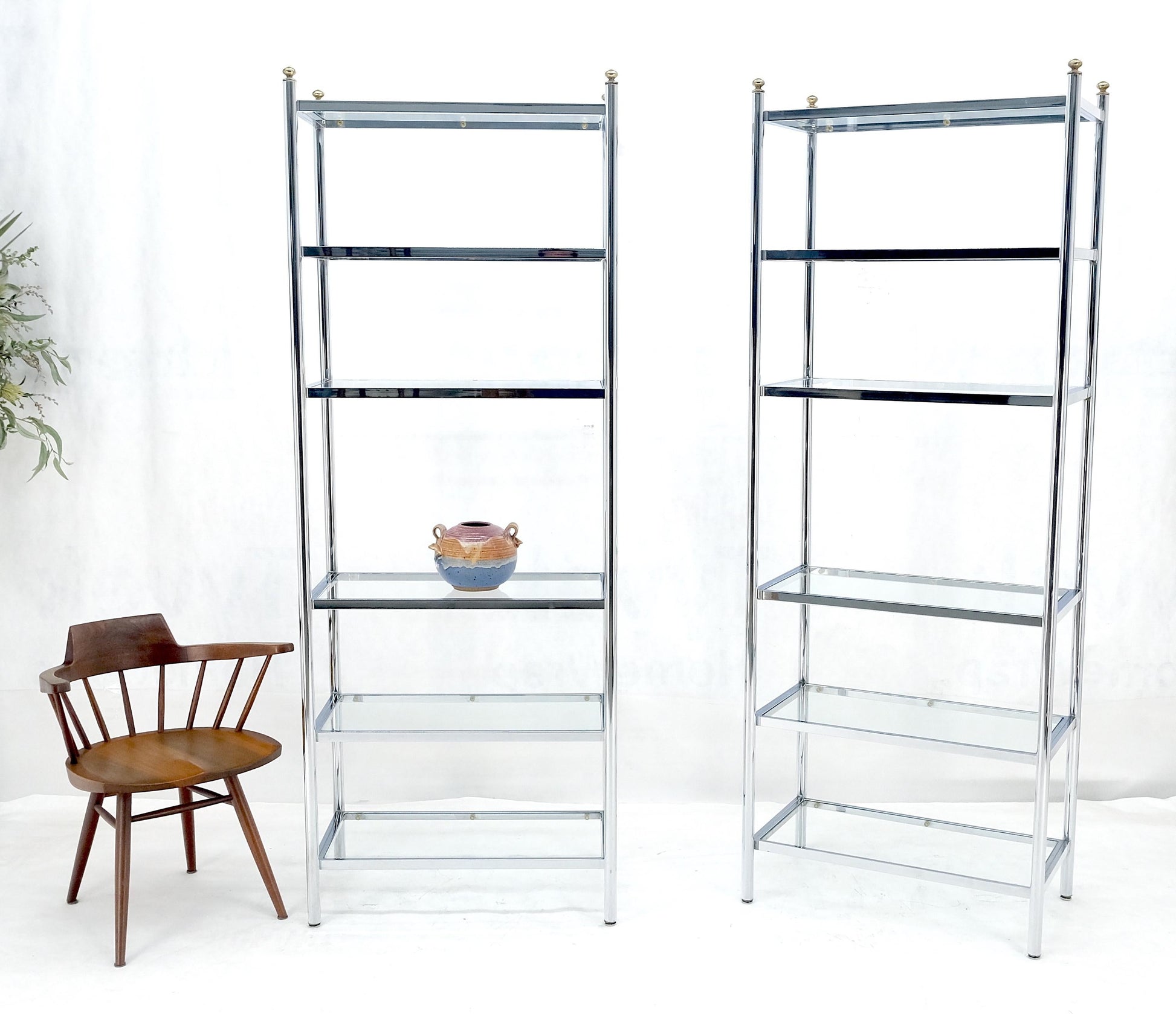 EstablishedLines Pair of Italian  81" Tall 6 Glass Shelfs Chrome Etageres w/ Brass Finials MINT