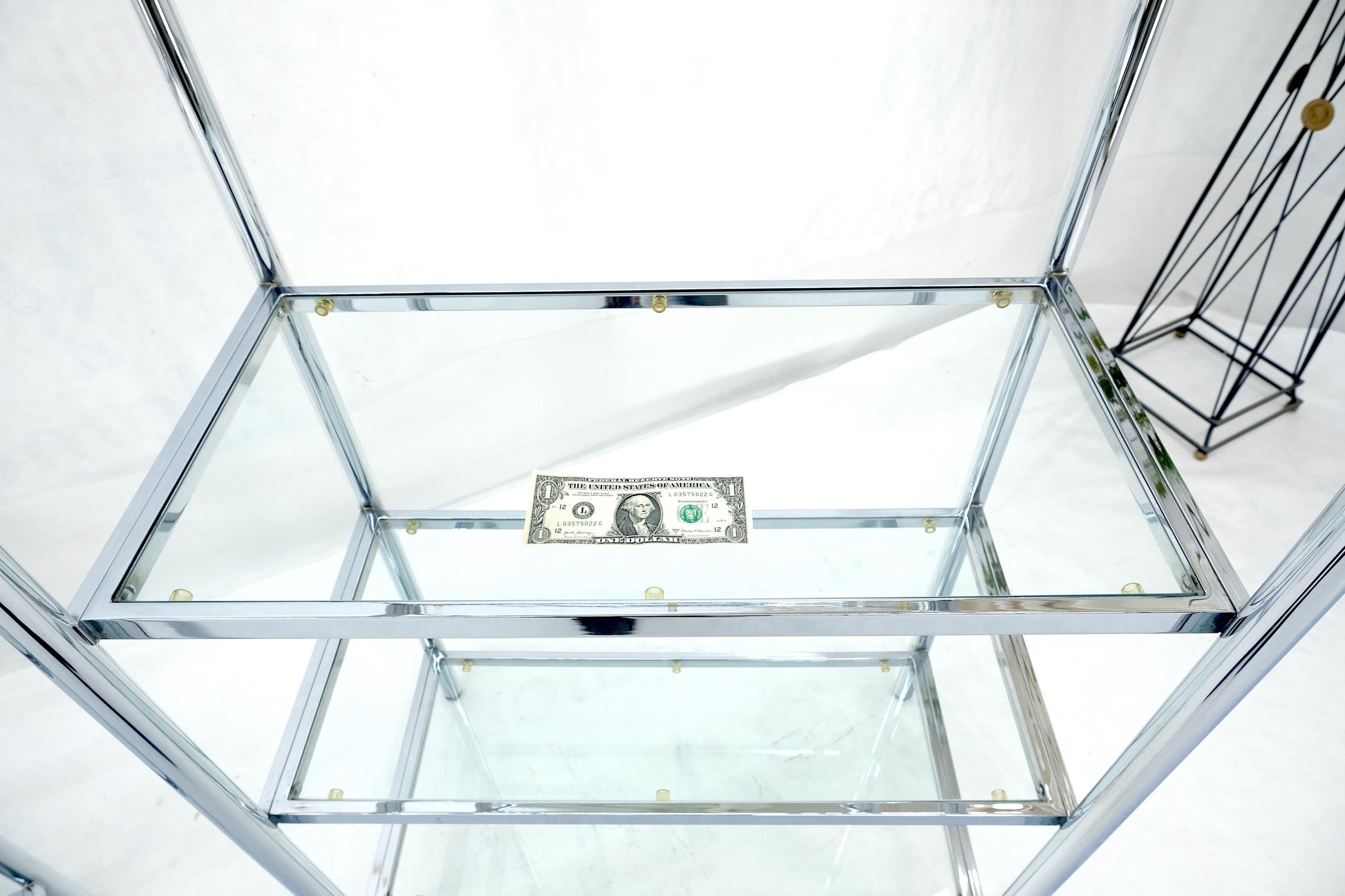 EstablishedLines Pair of Italian  81" Tall 6 Glass Shelfs Chrome Etageres w/ Brass Finials MINT