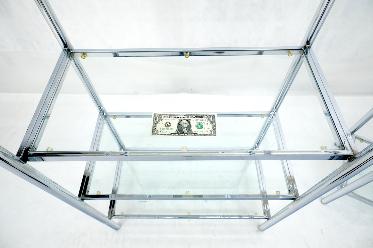 EstablishedLines Pair of Italian  81" Tall 6 Glass Shelfs Chrome Etageres w/ Brass Finials MINT