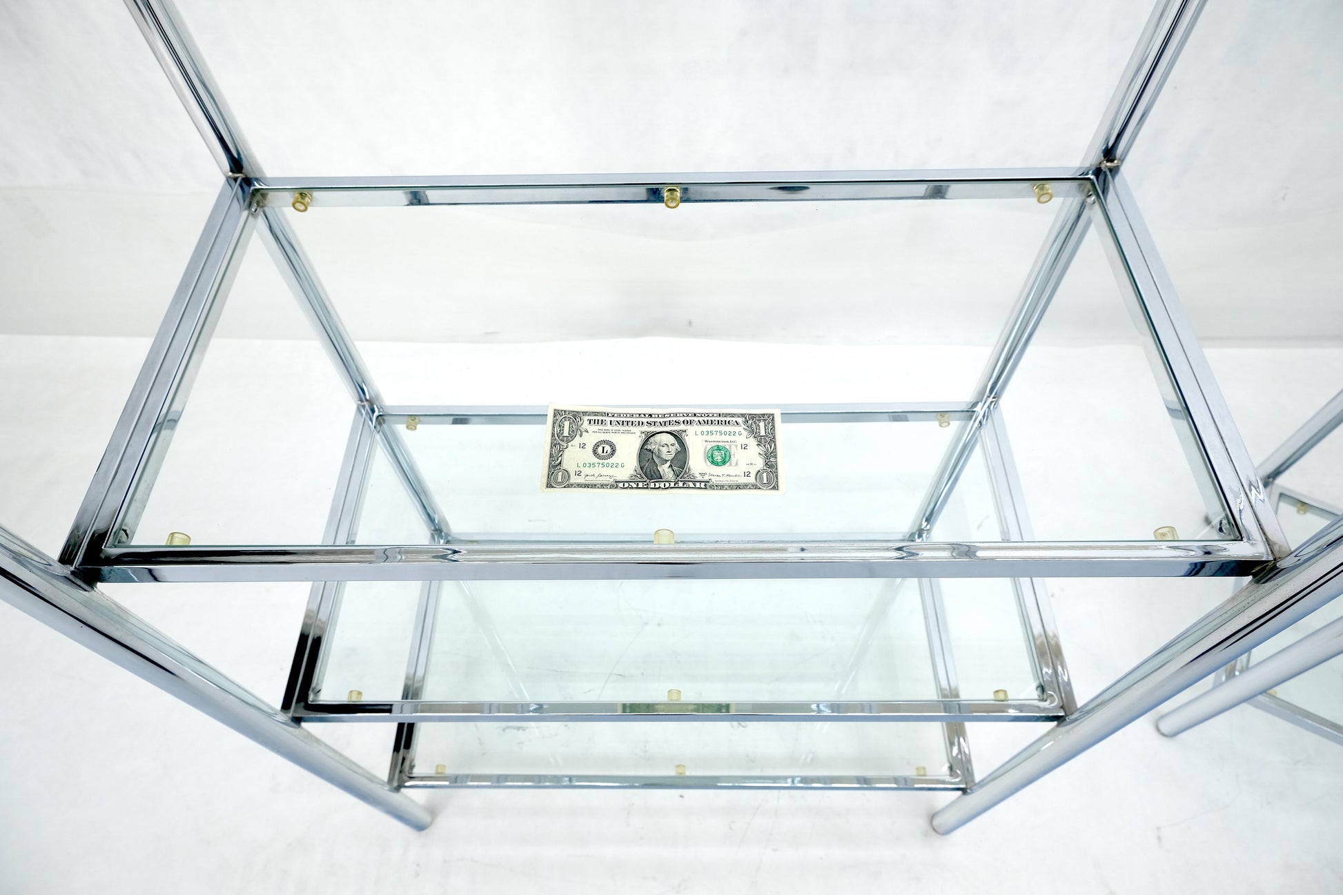 EstablishedLines Pair of Italian  81" Tall 6 Glass Shelfs Chrome Etageres w/ Brass Finials MINT