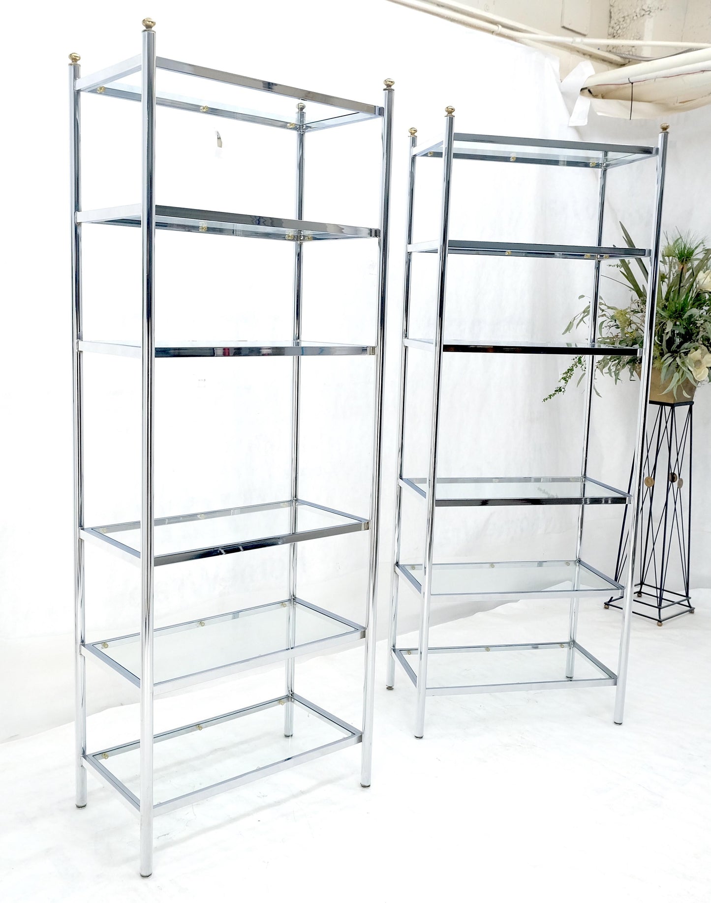 EstablishedLines Pair of Italian  81" Tall 6 Glass Shelfs Chrome Etageres w/ Brass Finials MINT