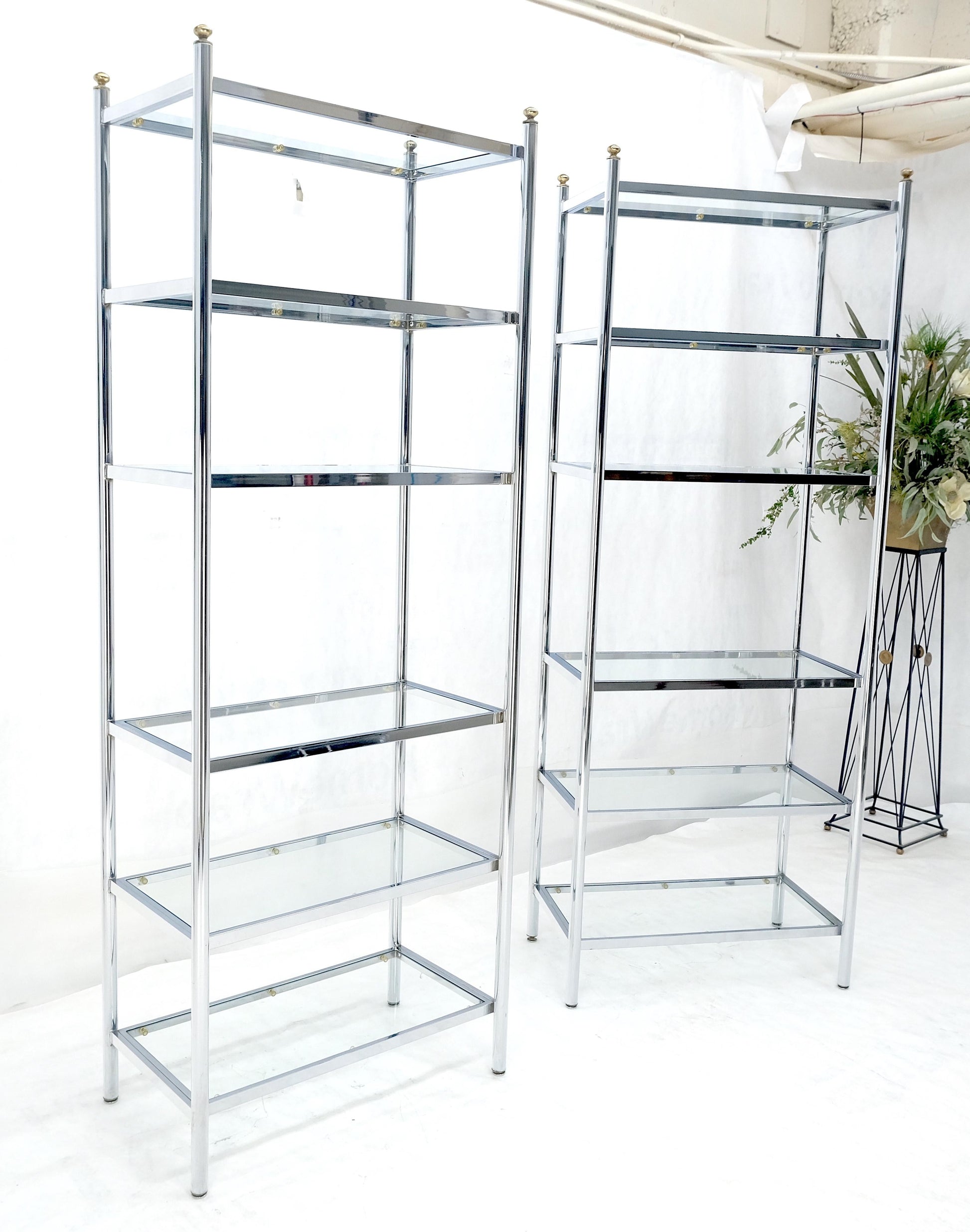 EstablishedLines Pair of Italian  81" Tall 6 Glass Shelfs Chrome Etageres w/ Brass Finials MINT