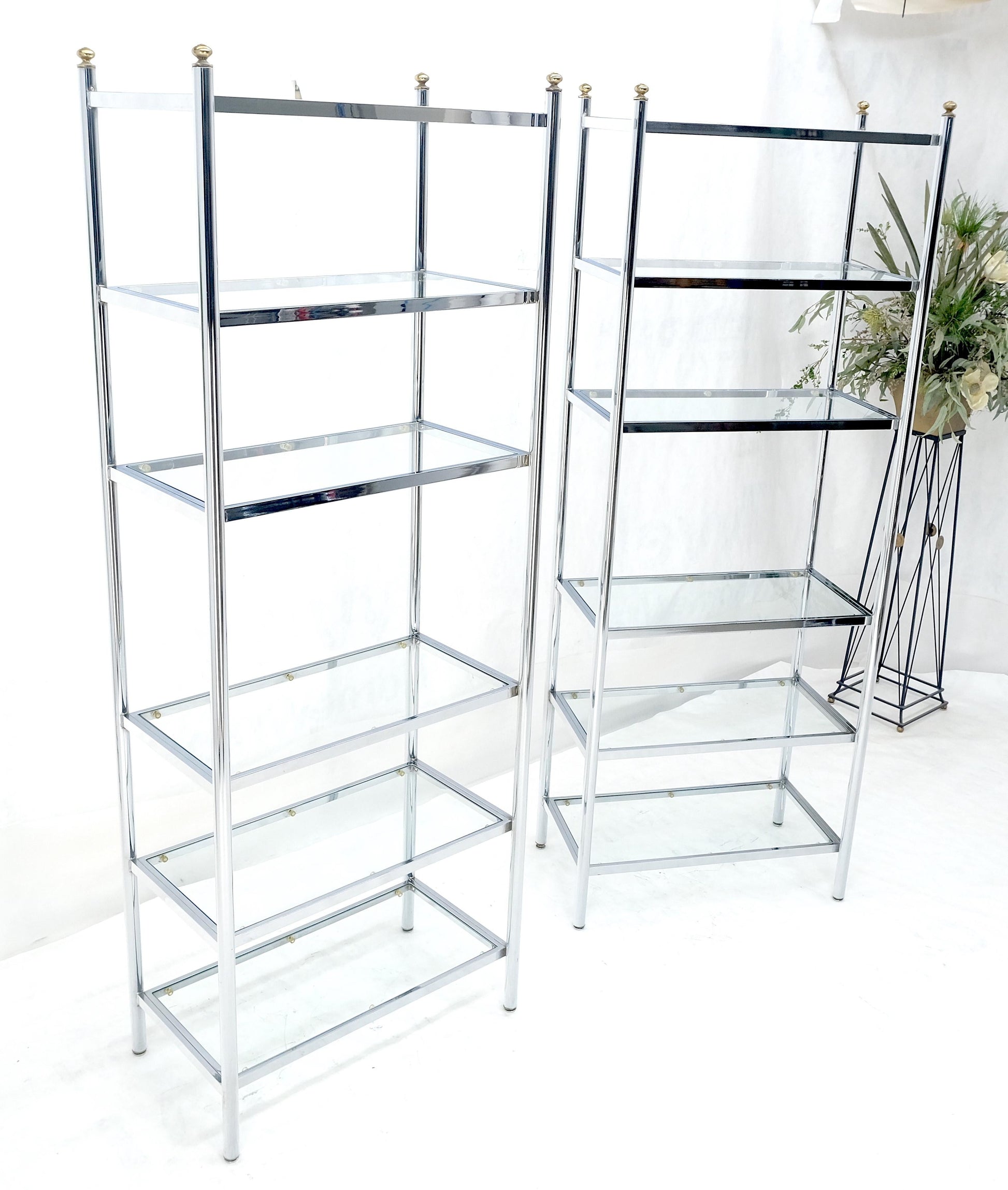EstablishedLines Pair of Italian  81" Tall 6 Glass Shelfs Chrome Etageres w/ Brass Finials MINT
