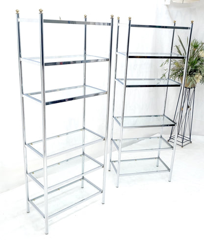 EstablishedLines Pair of Italian  81" Tall 6 Glass Shelfs Chrome Etageres w/ Brass Finials MINT
