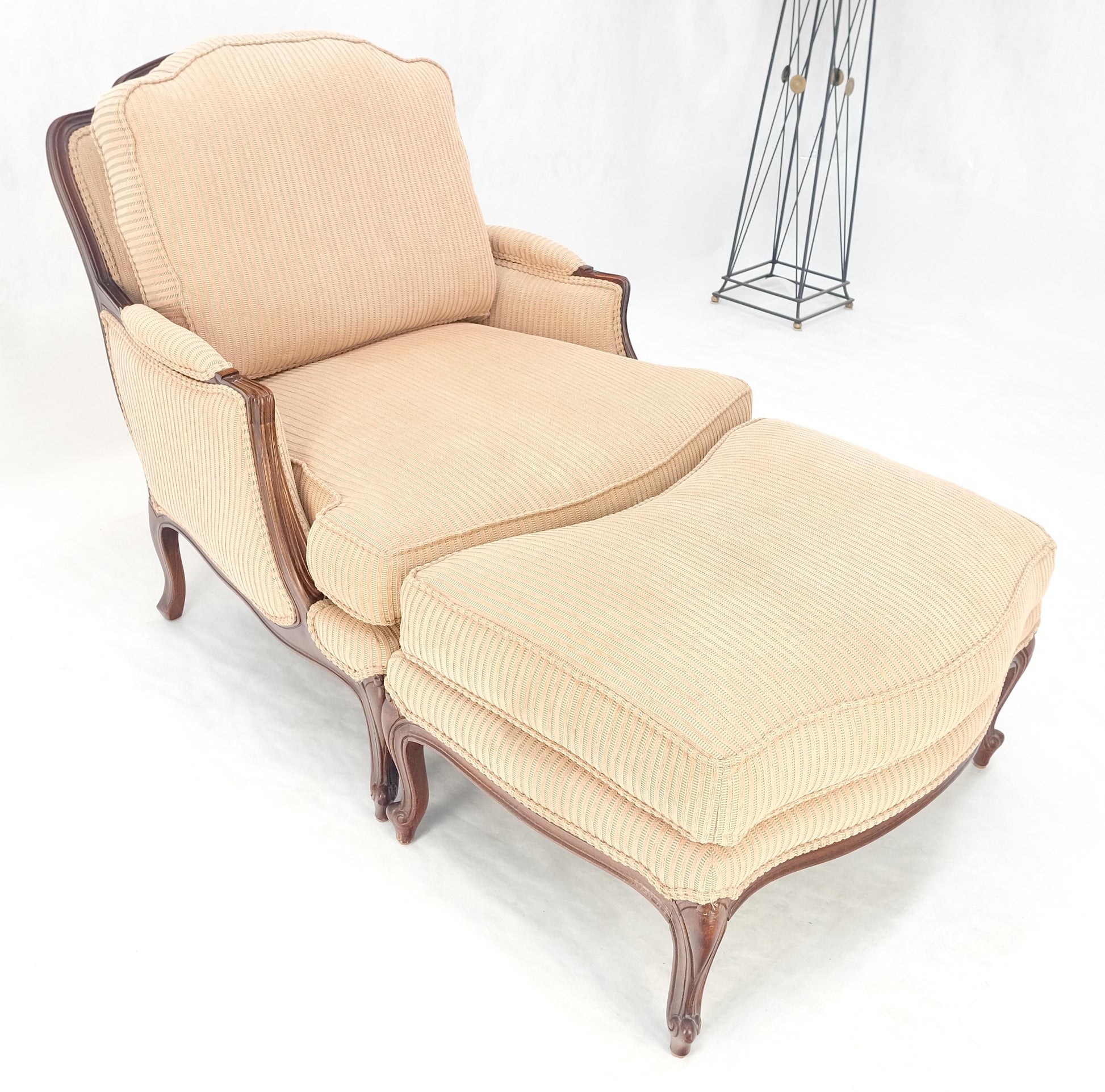 Wide Carved Walnut Frame Vintage  French Arm Chair w/ Matching Ottoman Chaise