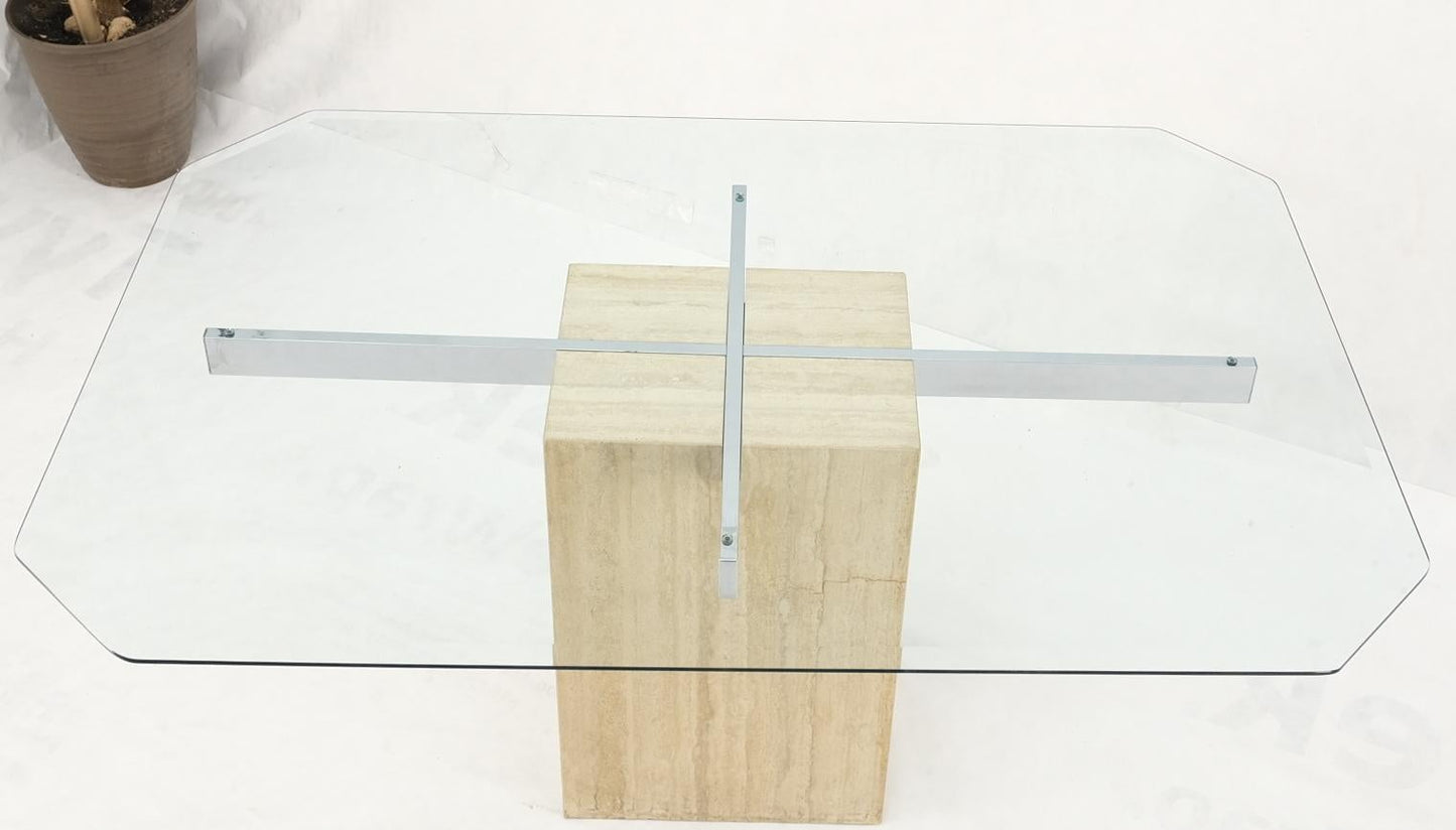EstablishedLines Single Travertine Rectangle Base Chrome Stretchers Glass Top Dining Table Italy