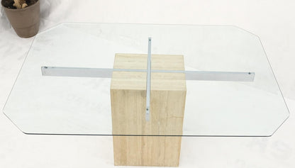 EstablishedLines Single Travertine Rectangle Base Chrome Stretchers Glass Top Dining Table Italy