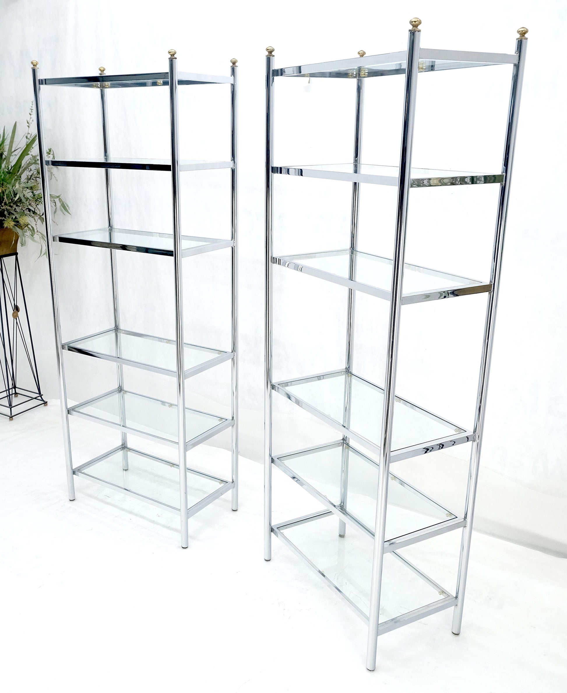 EstablishedLines Pair of Italian  81" Tall 6 Glass Shelfs Chrome Etageres w/ Brass Finials MINT