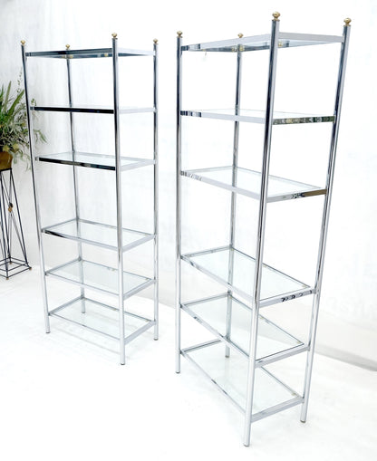 EstablishedLines Pair of Italian  81" Tall 6 Glass Shelfs Chrome Etageres w/ Brass Finials MINT