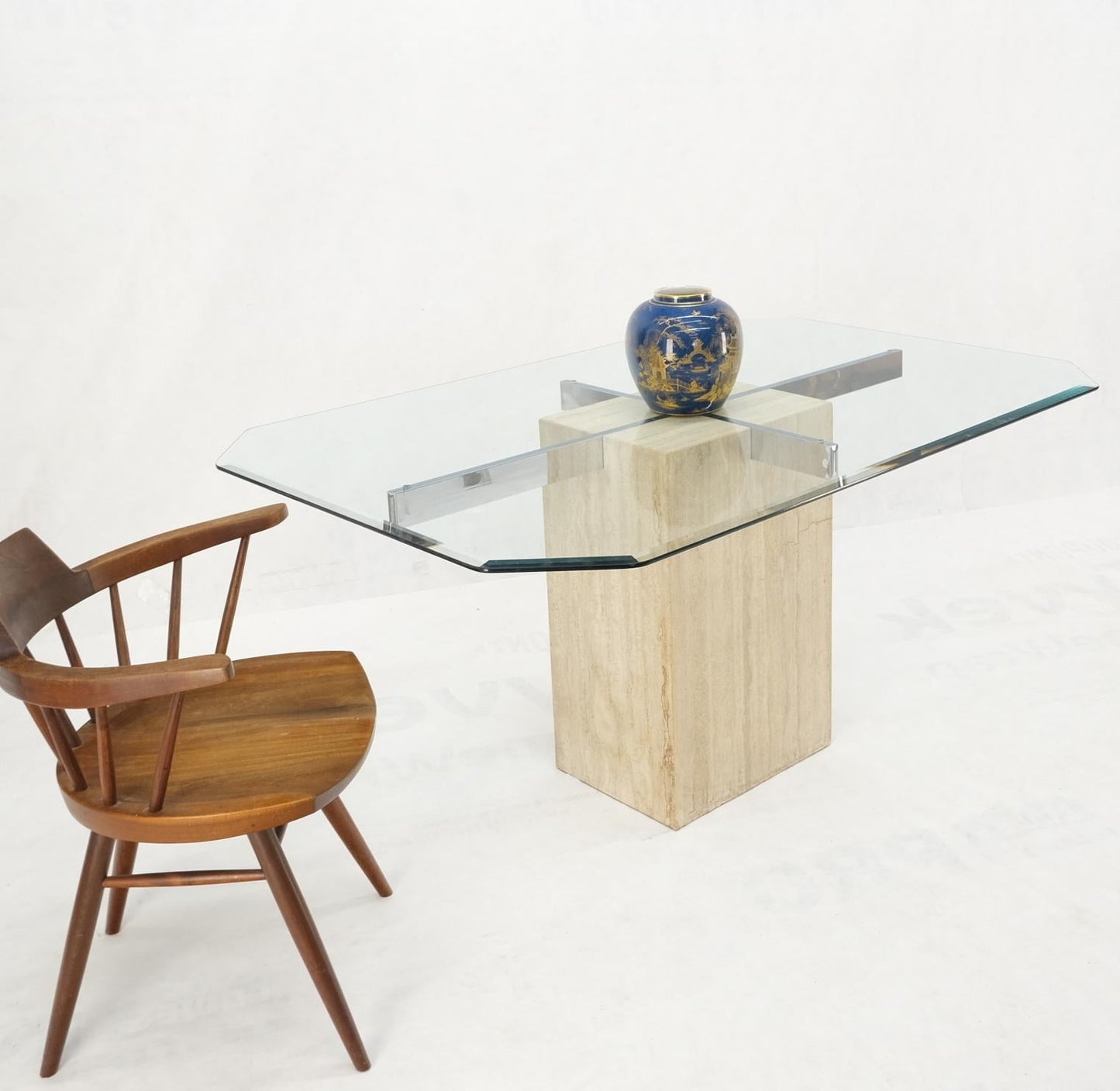 EstablishedLines Single Travertine Rectangle Base Chrome Stretchers Glass Top Dining Table Italy